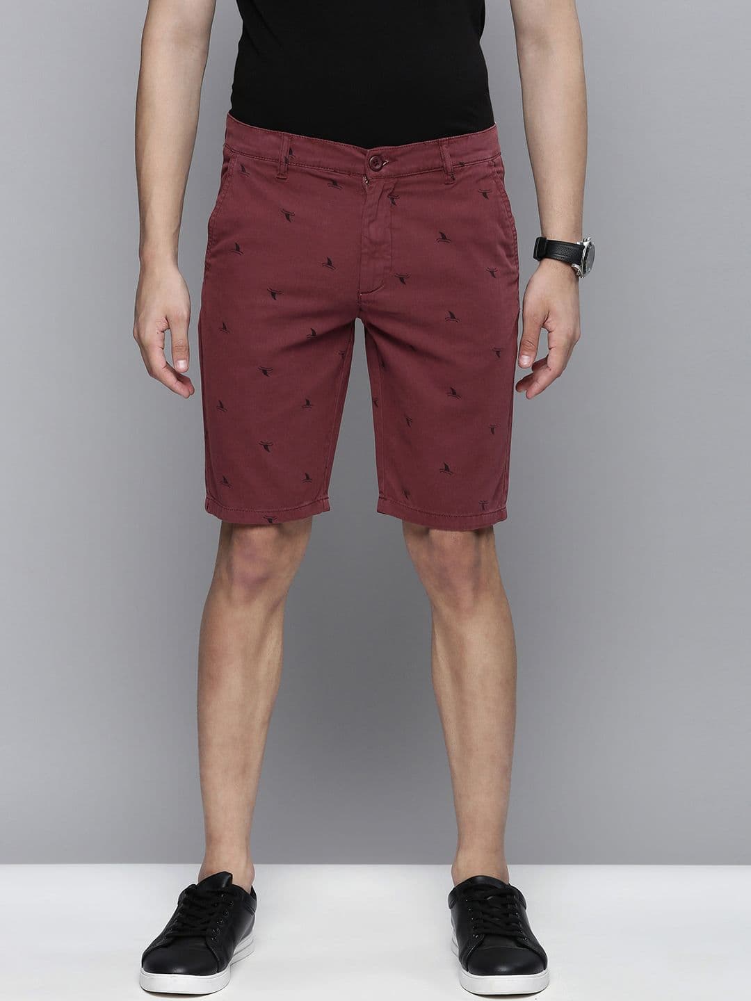 The Indian Garage Co Men Pure Cotton Burgundy Printed Slim Fit Regular Shorts - view 1
