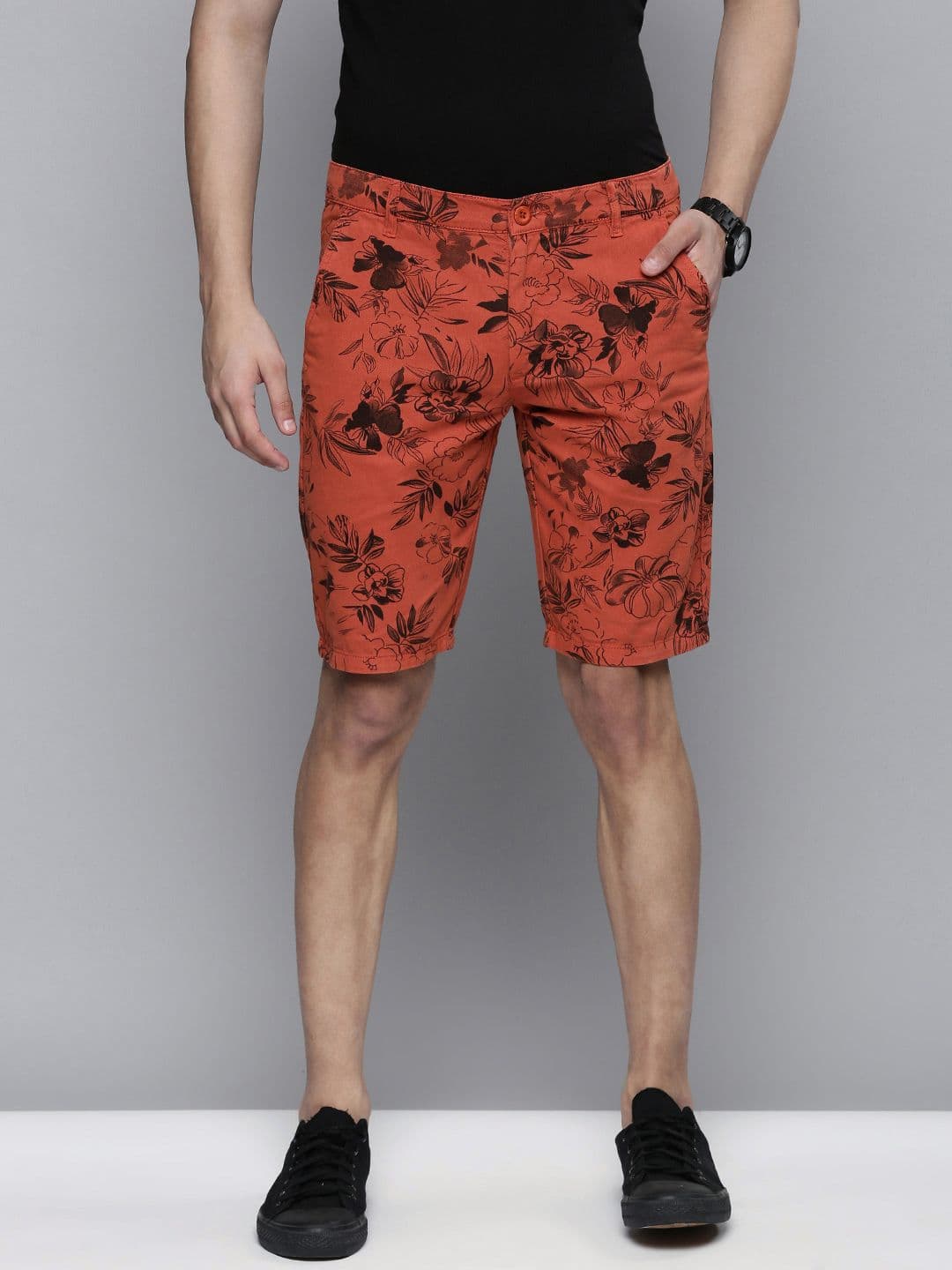 The Indian Garage Co Men Rust Floral Printed Slim Fit Regular Shorts - view 1