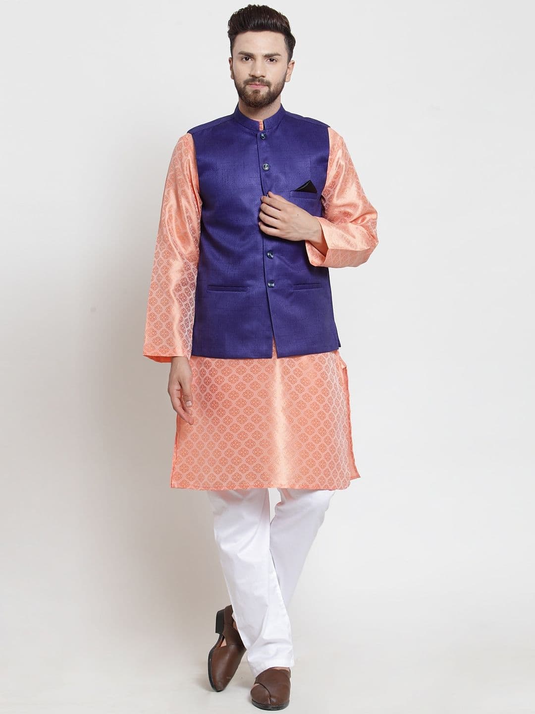 NEUDIS Navy Blue Solid Cotton Blend Nehru Jacket - view 1