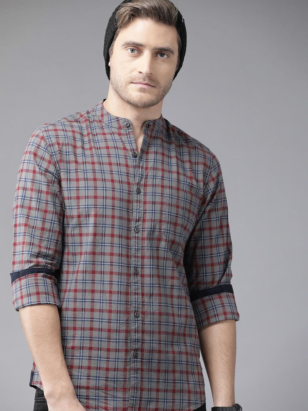 Roadster Men Charcoal Grey and Red Pure Cotton Tartan Checked Sustainable Casual Shirt - view 1