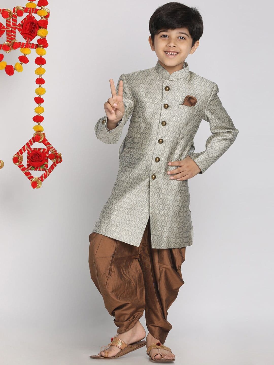 Vastramay Boys' Grey And Coffee Brown Brown Indowestern Sherwani and Cowl Dhoti Pant Set - view 1