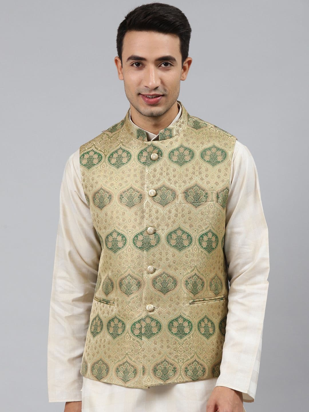 MANQ Men Green Woven Jaquard Silk Nehru Jacket - view 1