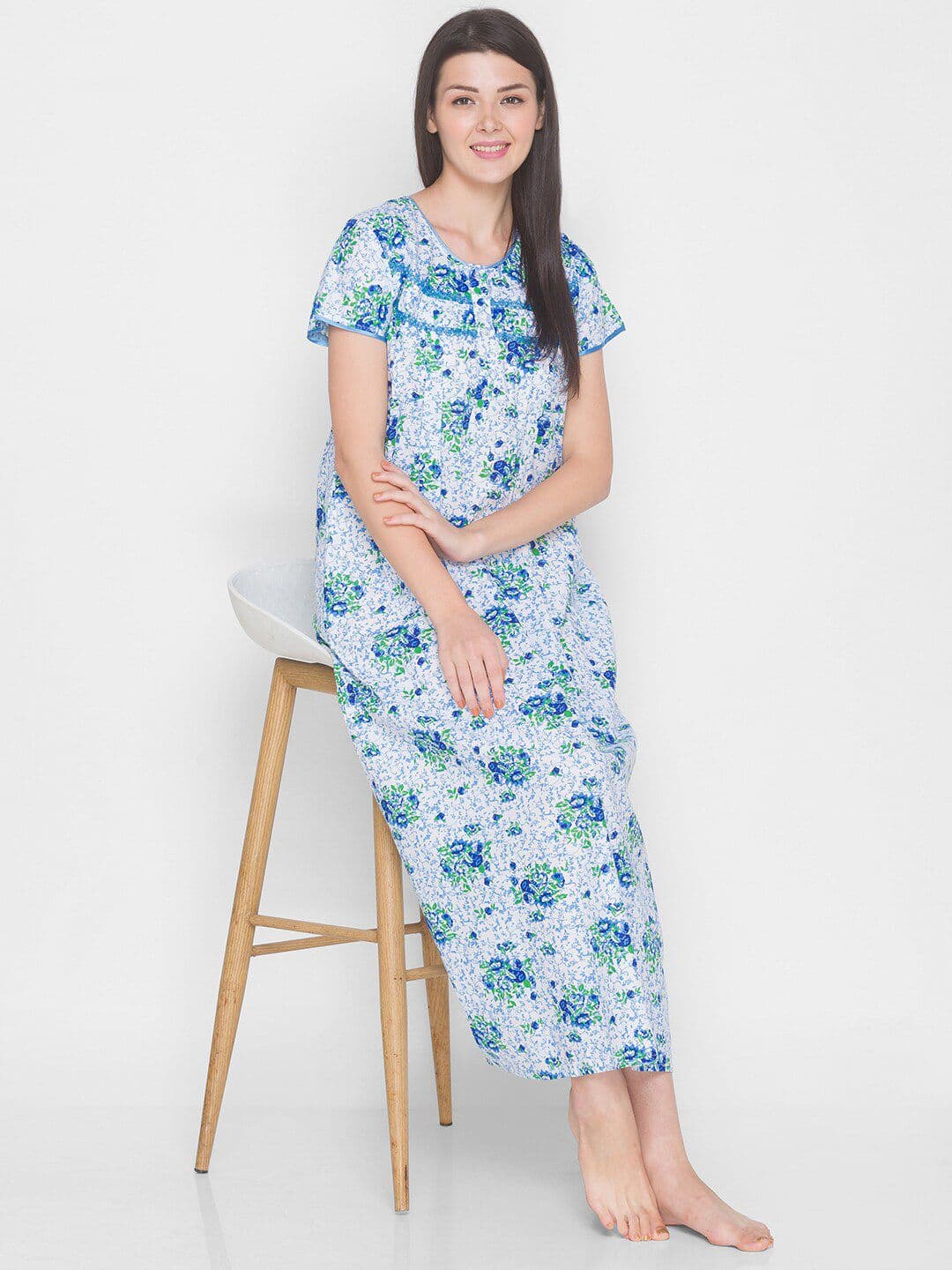 AV2 Blue Printed Maxi Pure Cotton Maternity Nursing Nightdress - view 1