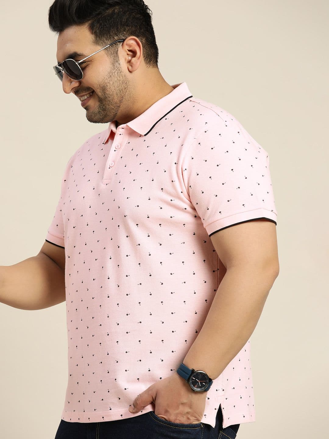 Sztori Plus Size Men Pink Micro Ditsy Print Polo Collar T-shirt - view 1