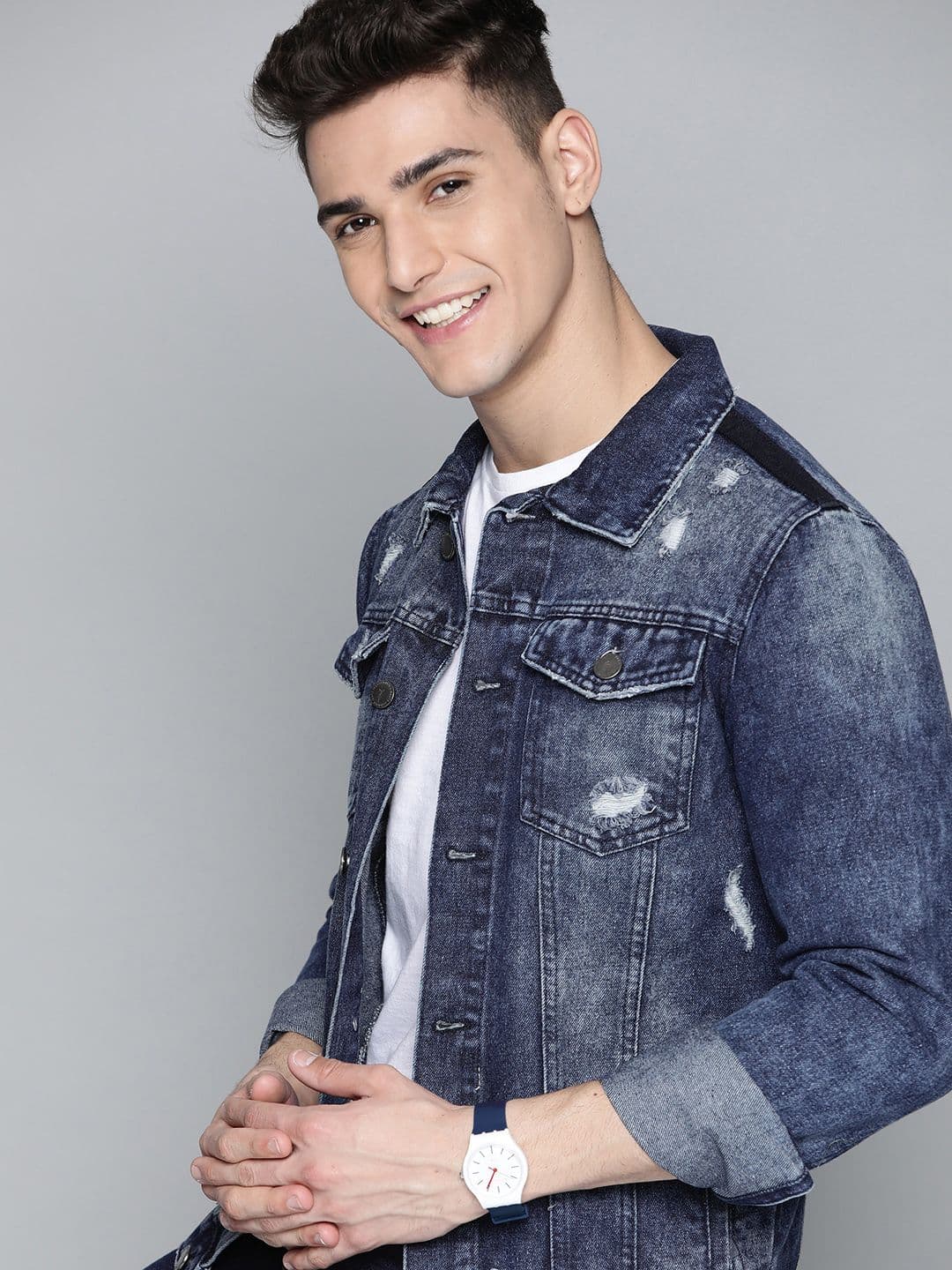 Mast & Harbour Men Navy Pure Cotton Washed Denim Jacket - view 1