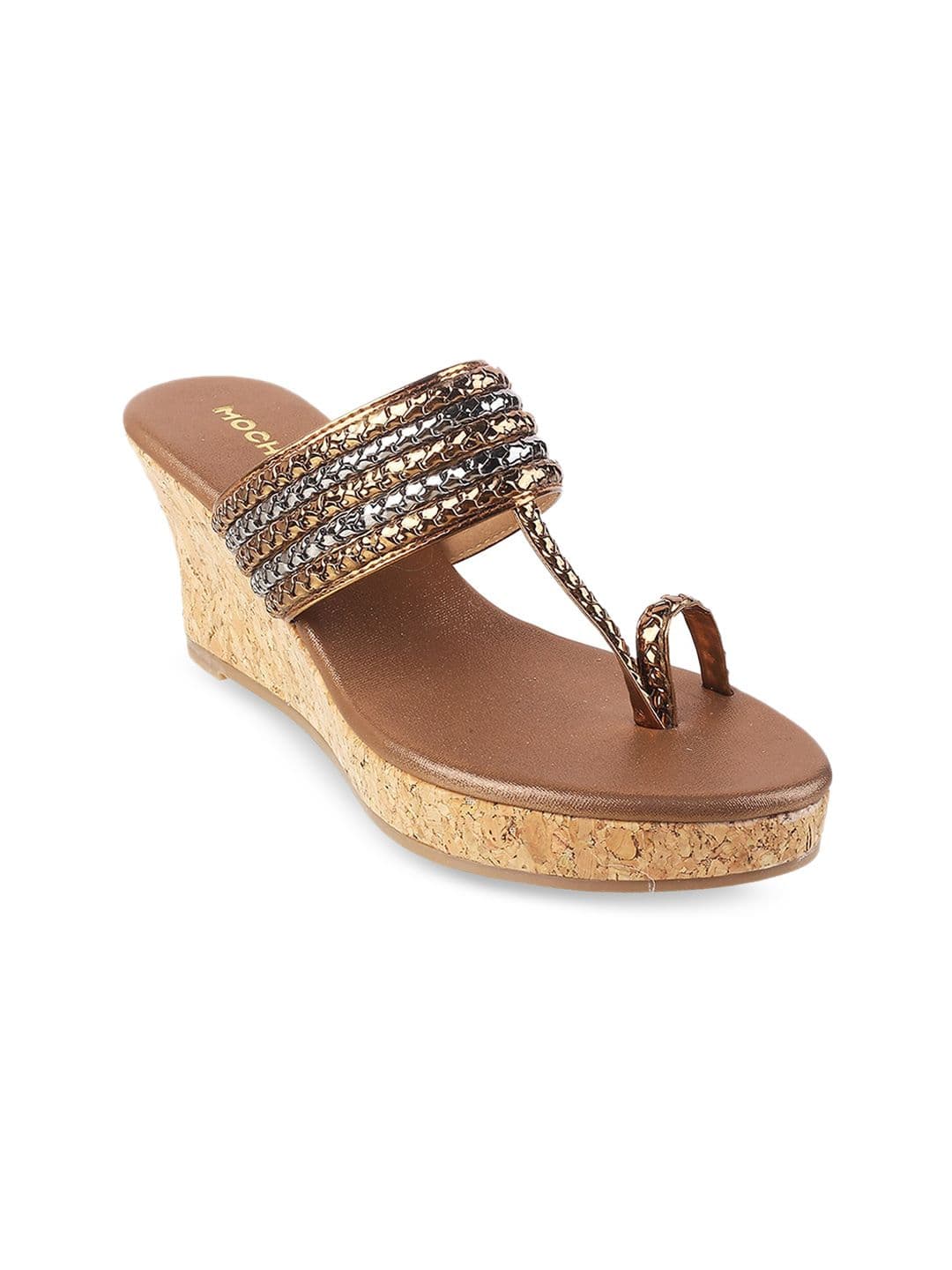 Mochi Women Gold-Toned & Silver-Toned Striped T - Strap Wedge - view 1