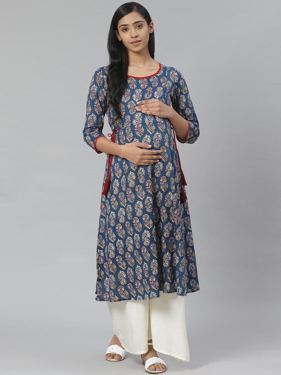 anayna Women Blue Cotton Ethnic Motifs Printed Block Print Maternity Kurta - view 1