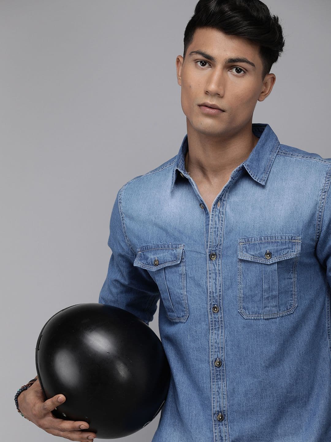 The Roadster Lifestyle Co Men Blue Regular Fit Faded Opaque Pure Cotton Casual Denim Shirt with Pockets - view 1