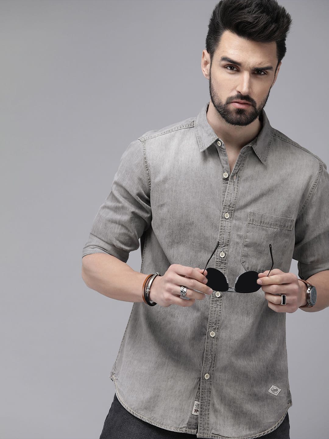 Roadster Men Grey Solid Regular Fit Pure Cotton Casual Shirt - view 1