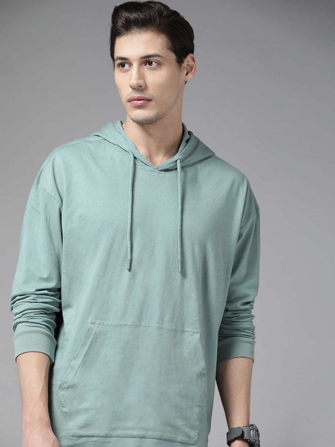 Roadster Men Sea Green Solid Cotton Drop-Shoulder Sleeves Hooded Relaxed Fit T-shirt - view 1