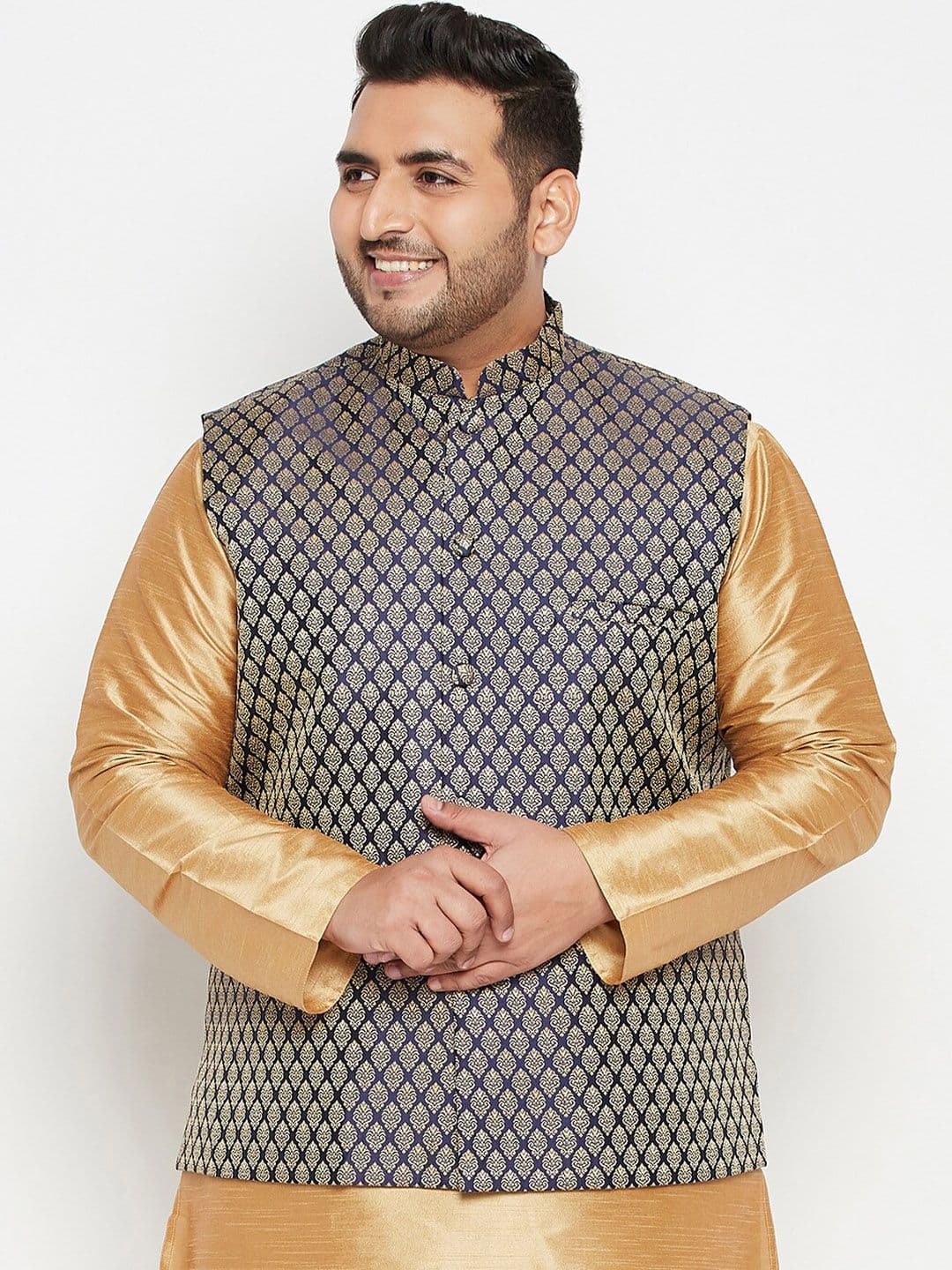 VASTRAMAY Men Navy Blue & Gold Coloured Woven Design Nehru Jacket - view 1