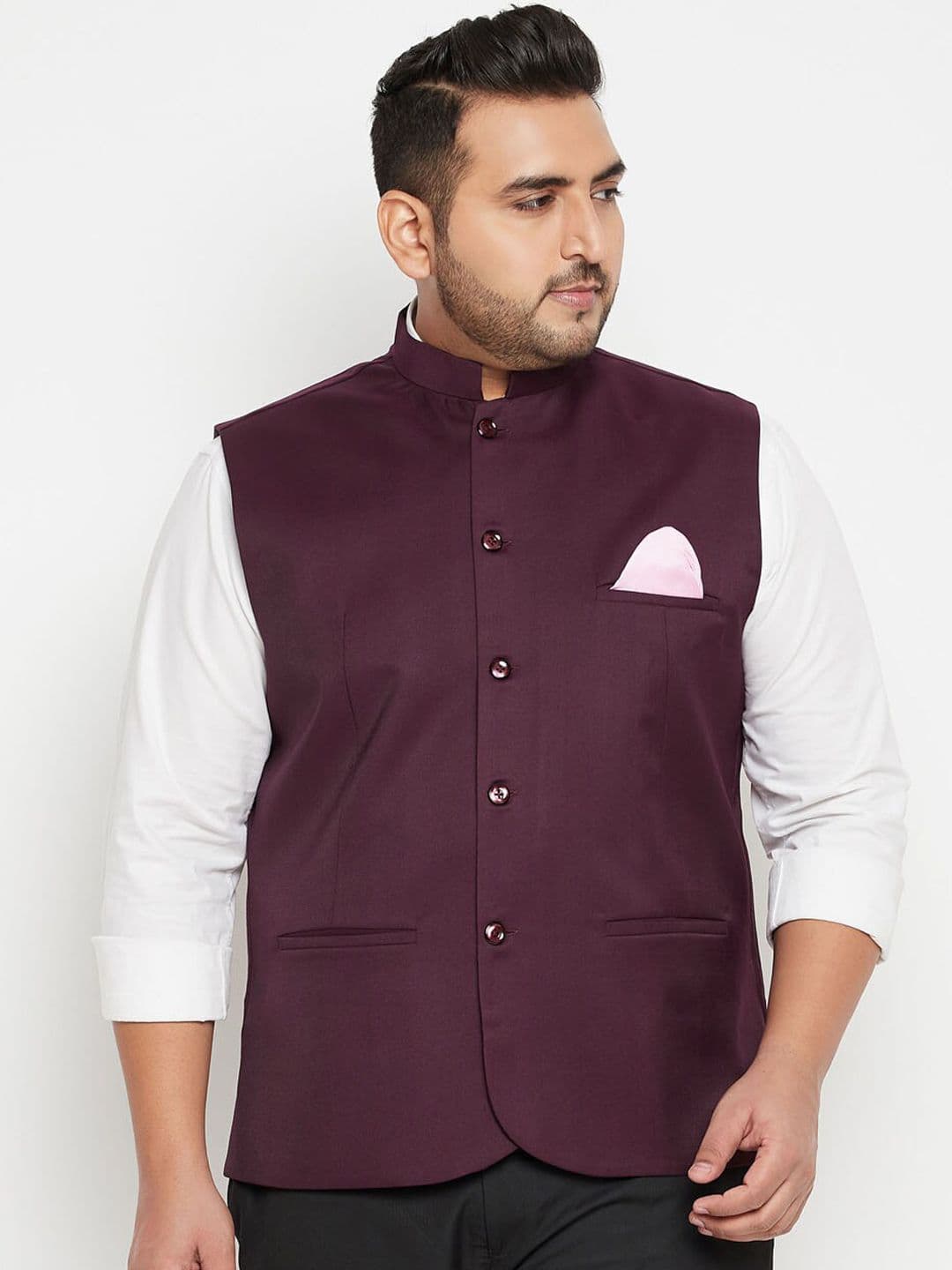 VASTRAMAY Men Plus Size Maroon Solid Slim-Fit Woven Nehru Jacket - view 1