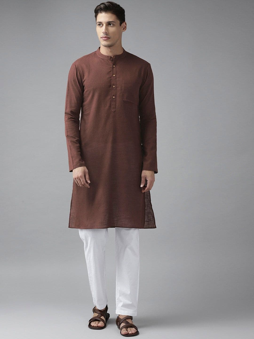 See Designs Men Brown Solid Thread Work Kurta - view 1