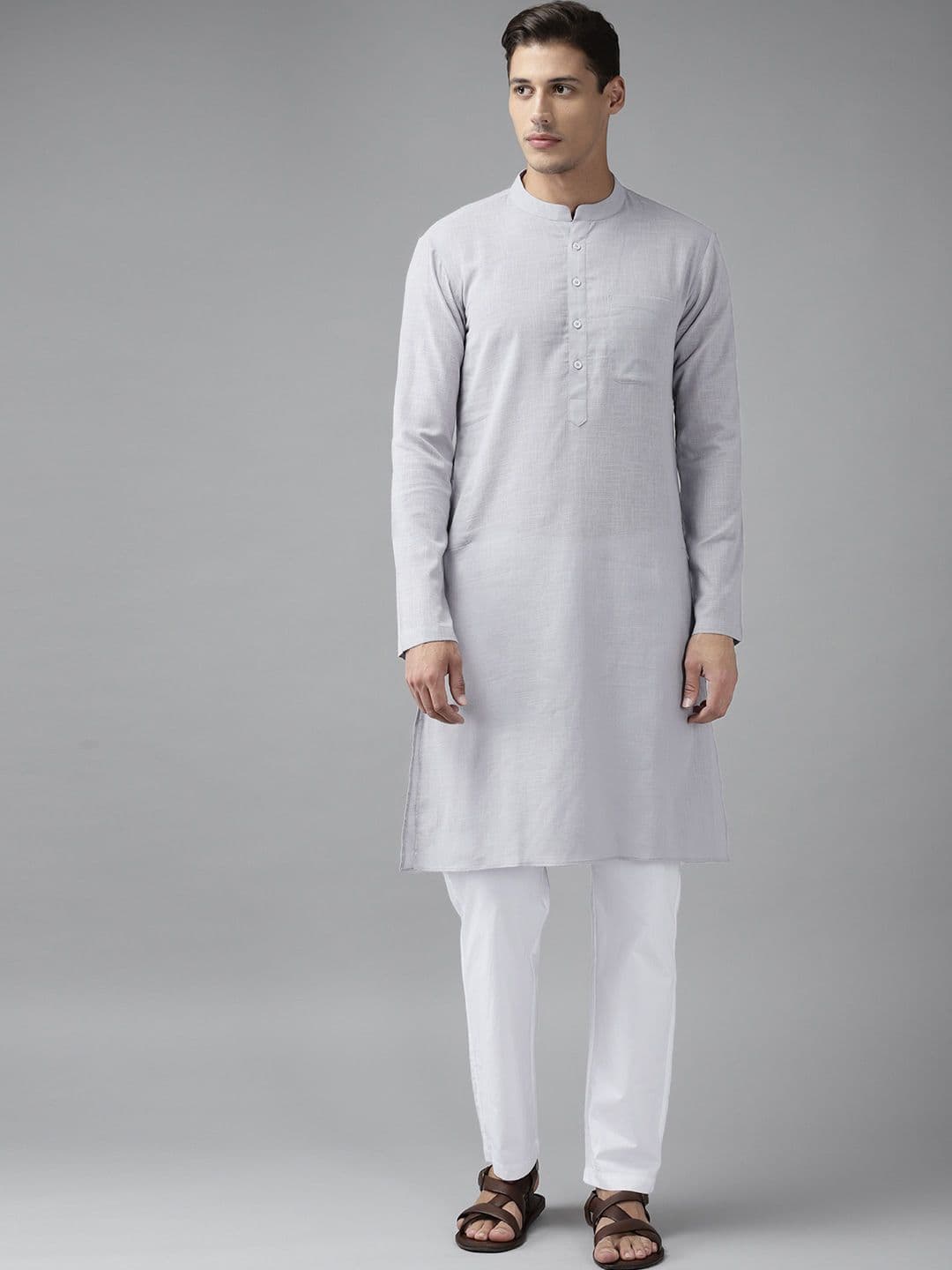 See Designs Men Cotton Grey Straight Kurta With Slub Effect - view 1