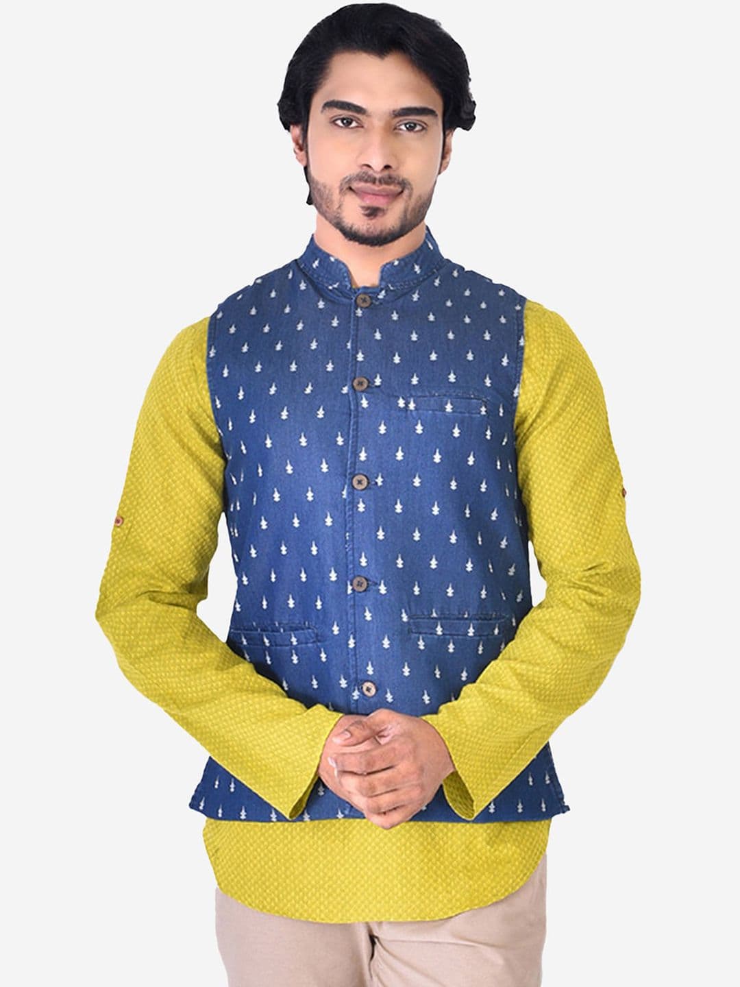 Manthan Men Blue & White Self Design Nehru Jacket - view 1