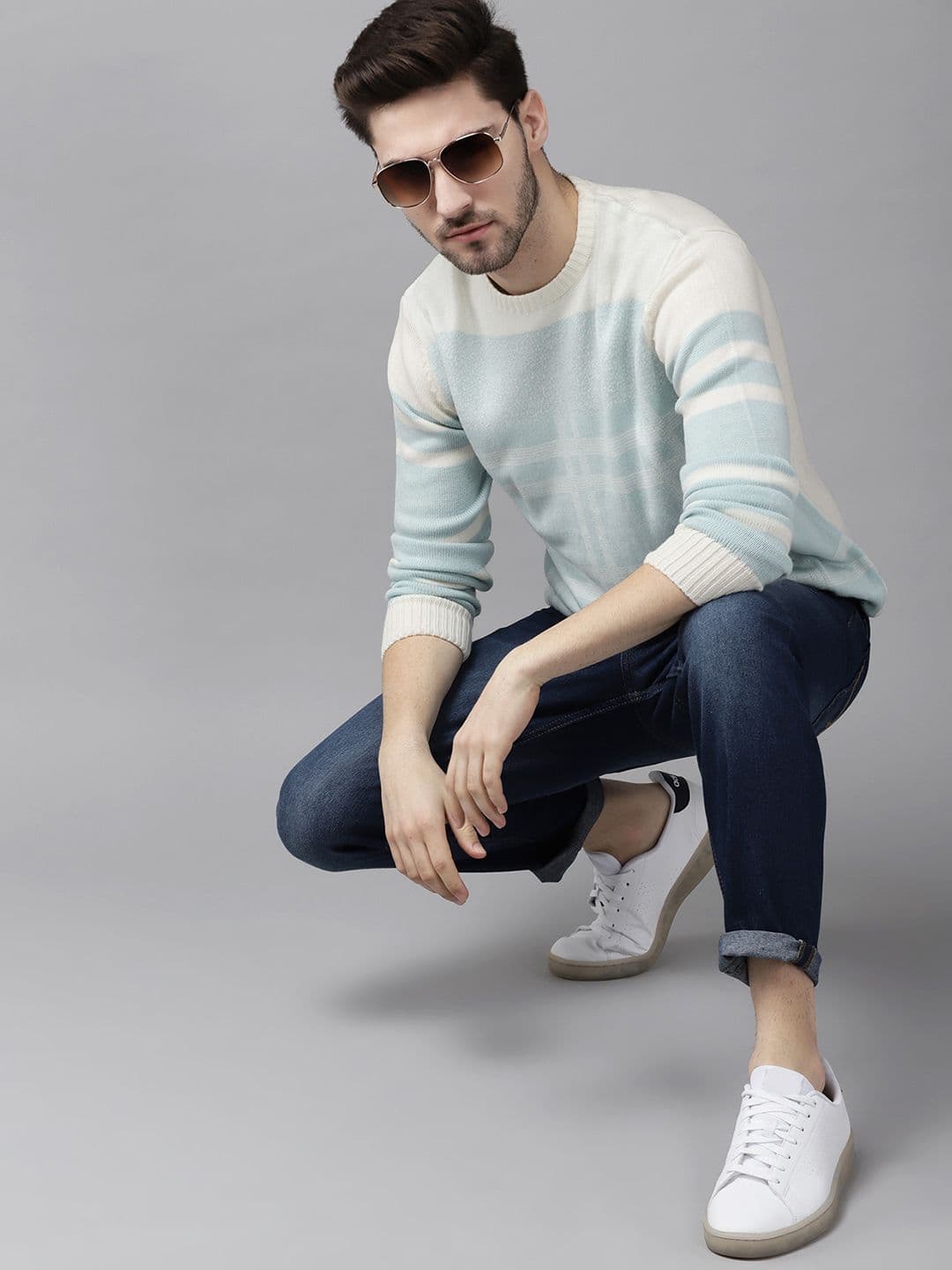 The Roadster Lifestyle Co Men Off White Checked Knitted Patterned Pullover - view 1