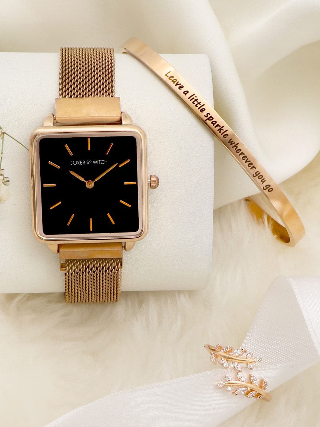 JOKER & WITCH Women Gold-Toned & Black Watch With Bracelet & Rings Gift Set - view 1