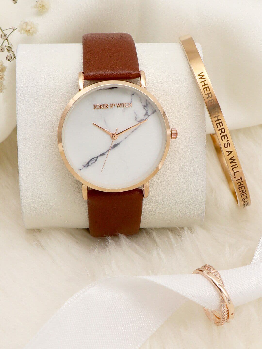JOKER & WITCH Women White & Tan Brown Love Triangle Watch Gift Set JWLT360 - view 1