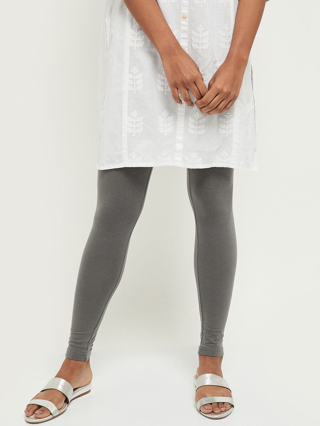 max Women Grey Solid Ankle-Length Leggings - view 1