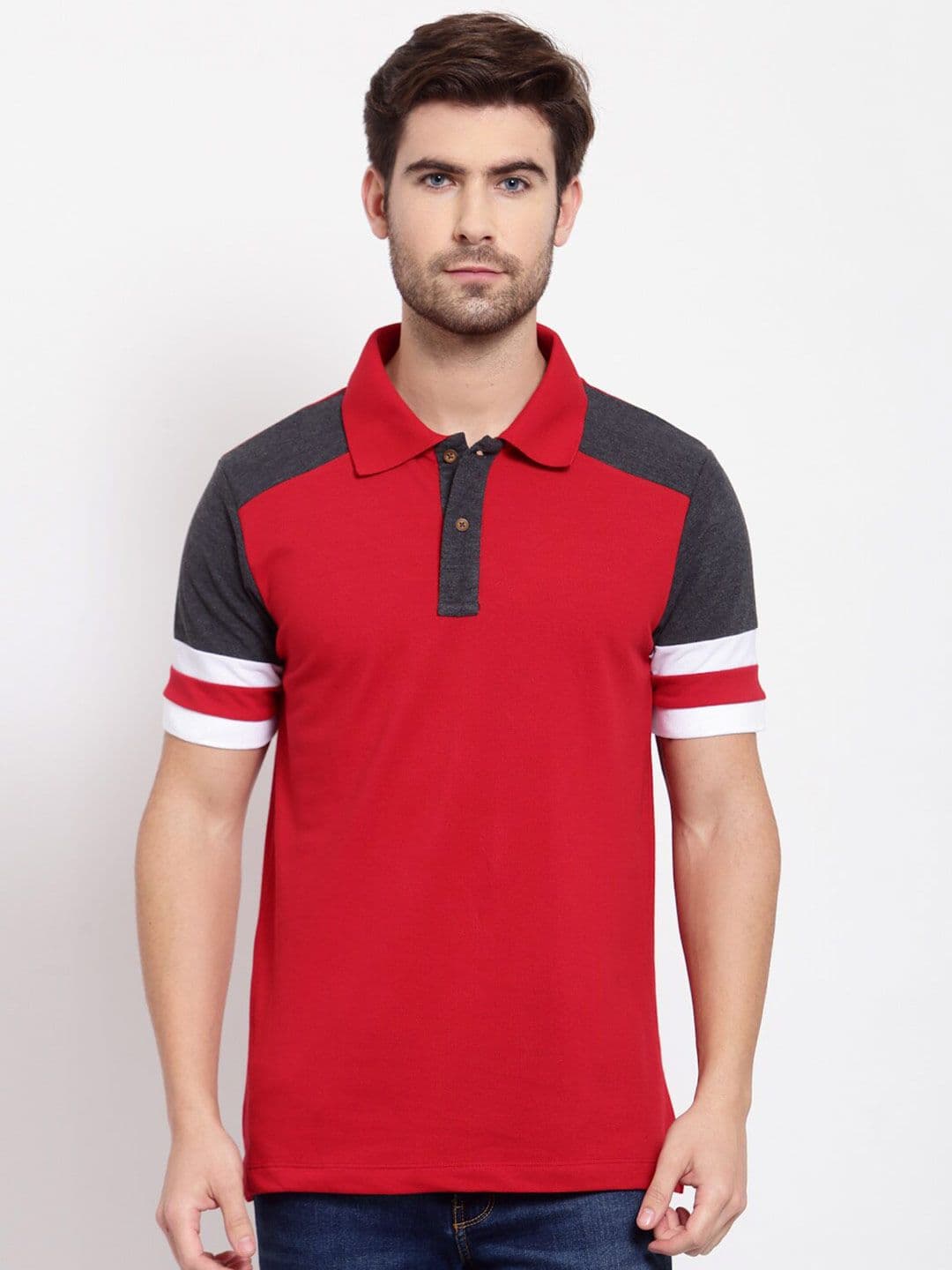 Kalt Men Red Colourblocked Polo Collar Applique T-shirt - view 1