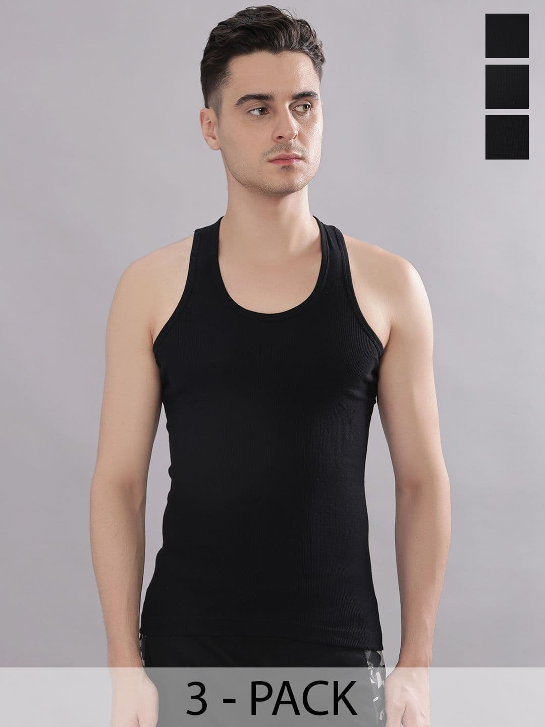 Dollar Bigboss Men Solid Pack of 3 Black Cotton Stretch Rib Regular Fit Casual Vest - view 1