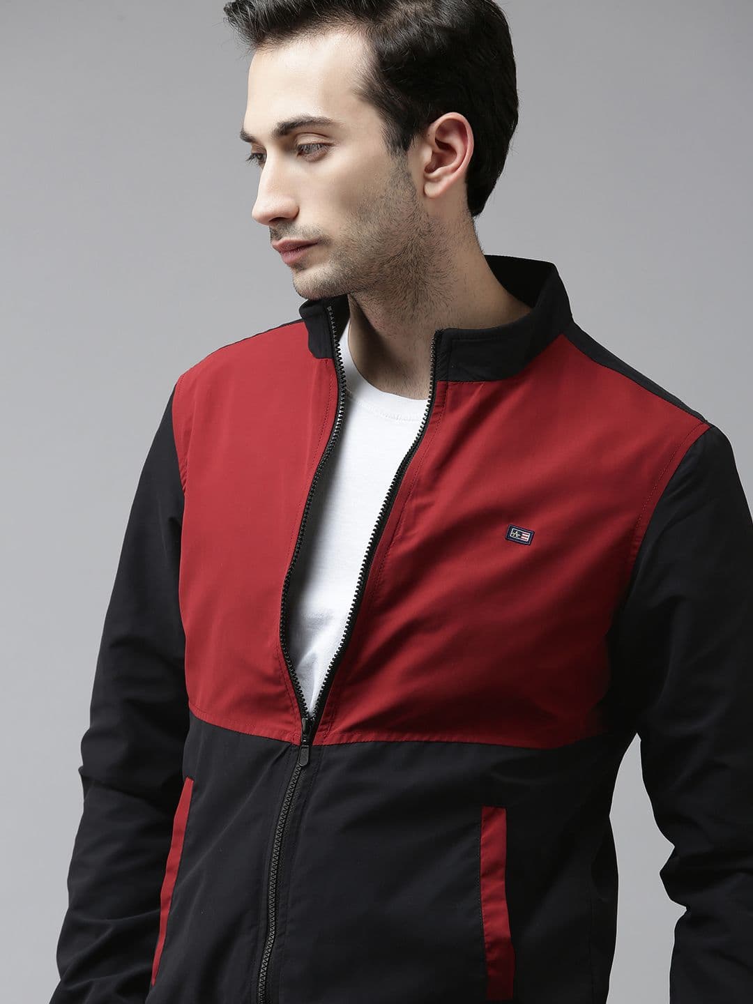 Arrow Men Maroon & Navy Blue Colourblocked Bomber Jacket - view 1