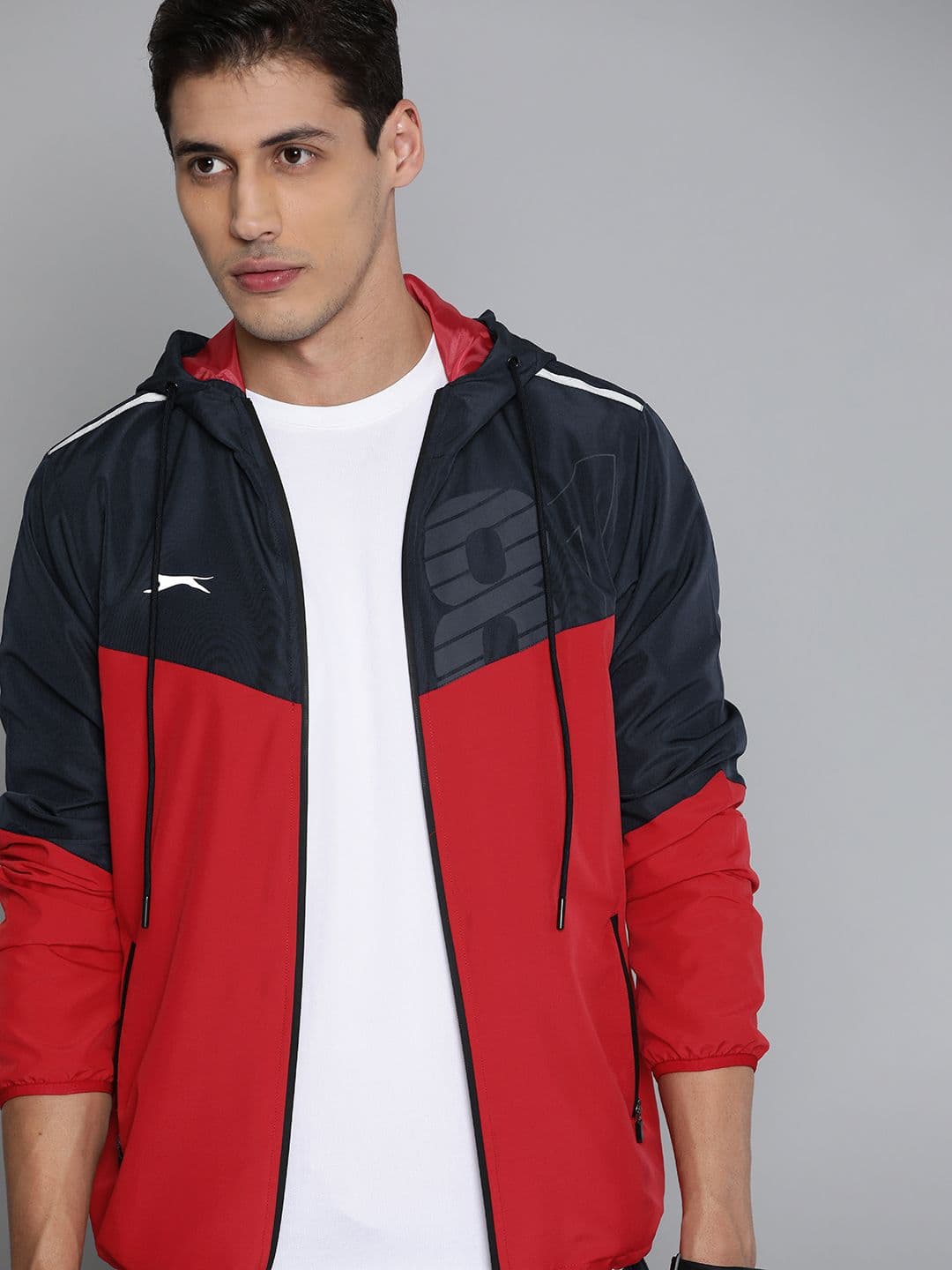 Slazenger Men Red & Navy Blue Colourblocked Reflective Strip Running Rapid-Dry Jacket - view 1