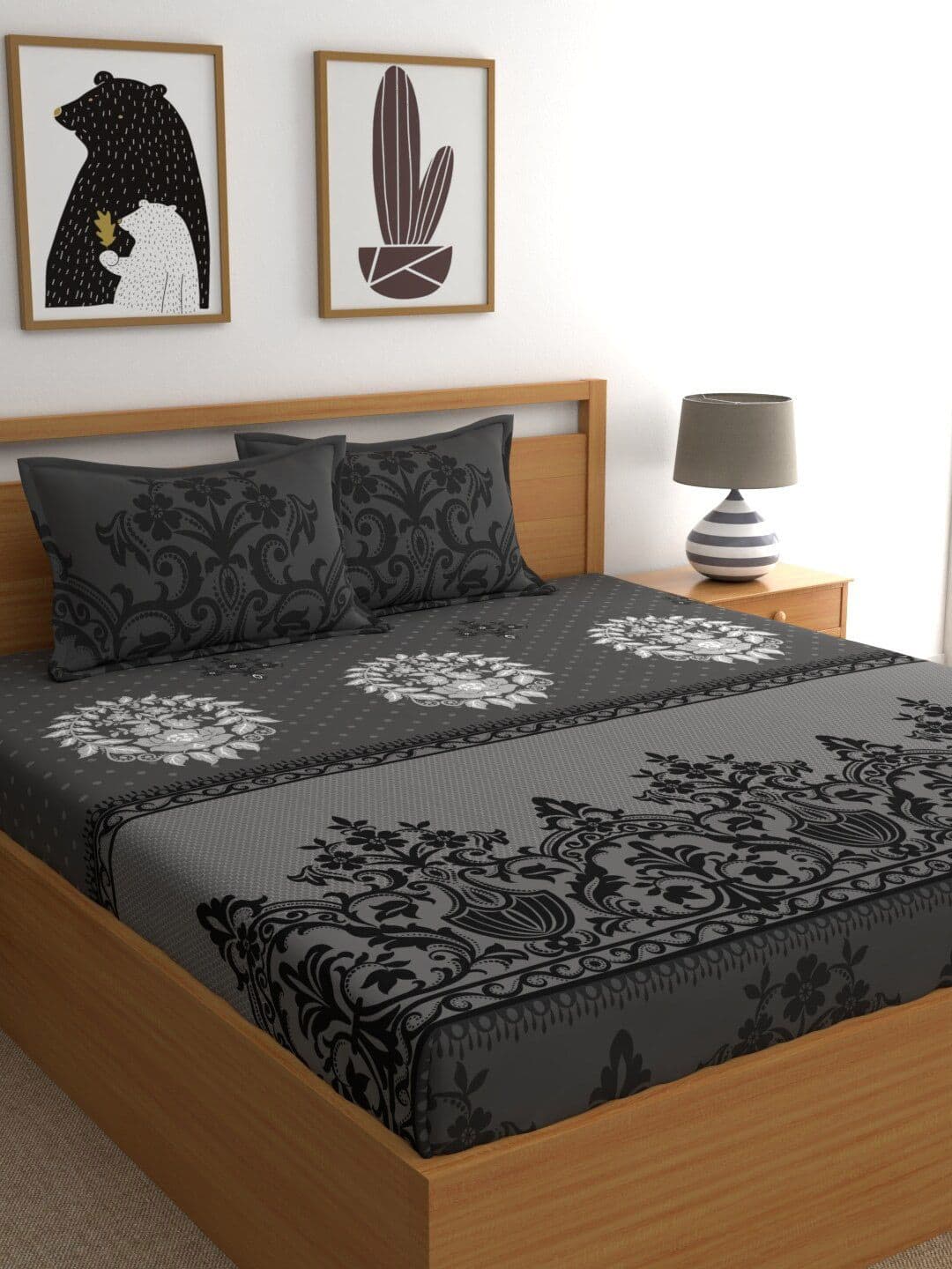 Dreamscape Grey Ethnic Motifs Pure Cotton 144 TC Queen Bedsheet with 2 Pillow Covers-87 x 108 inches - view 1