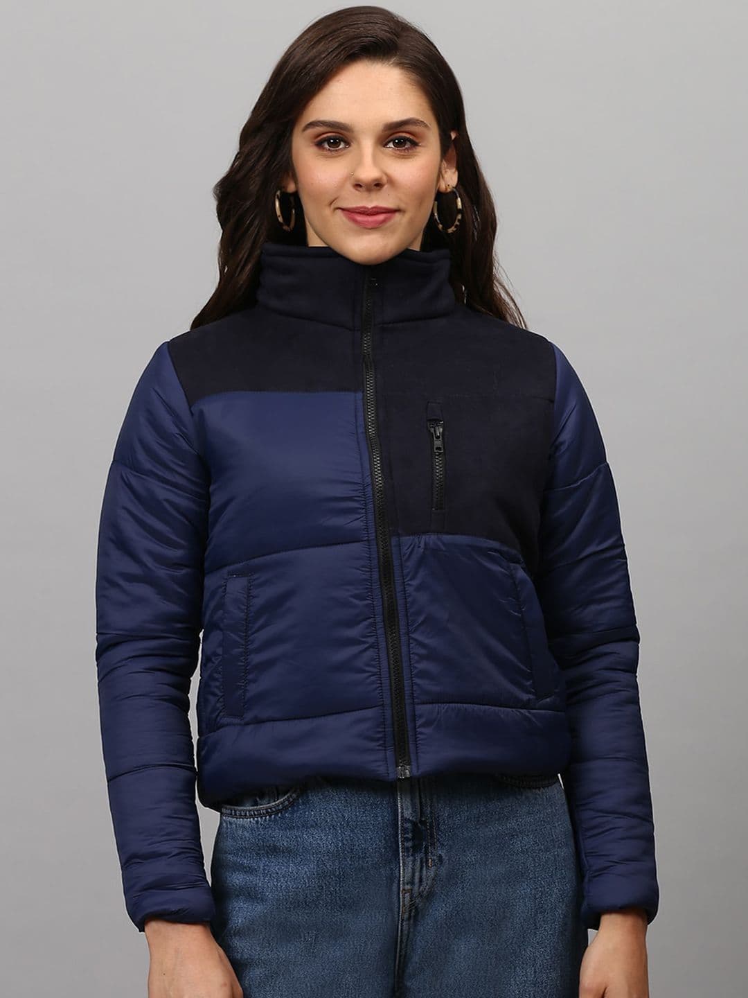 PINACOLADA Women Navy Blue Colourblocked Windcheater Longline Outdoor Padded Jacket - view 1