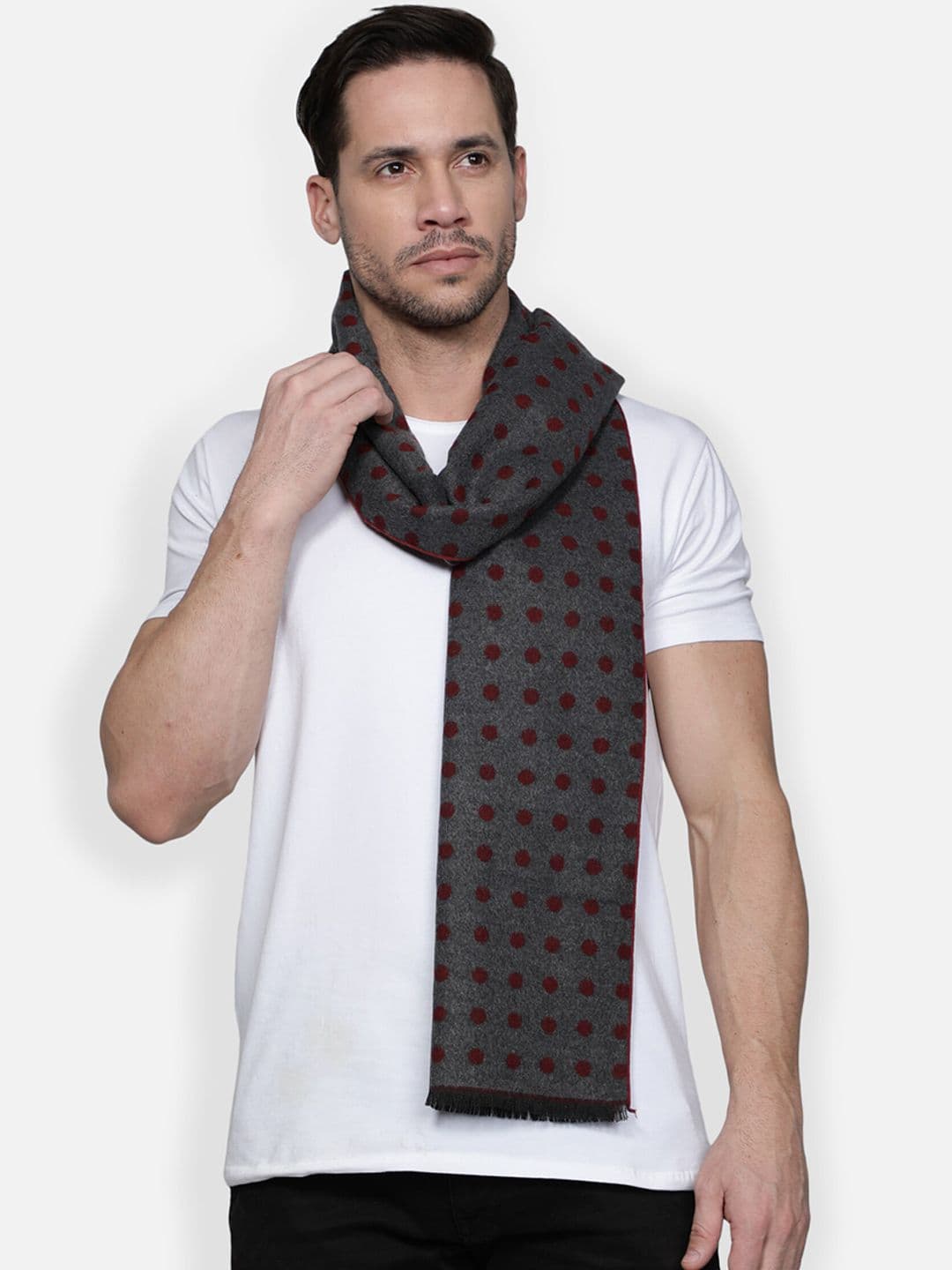 Alvaro Castagnino Men Maroon and Grey Polka Dot Printed Muffler - view 1