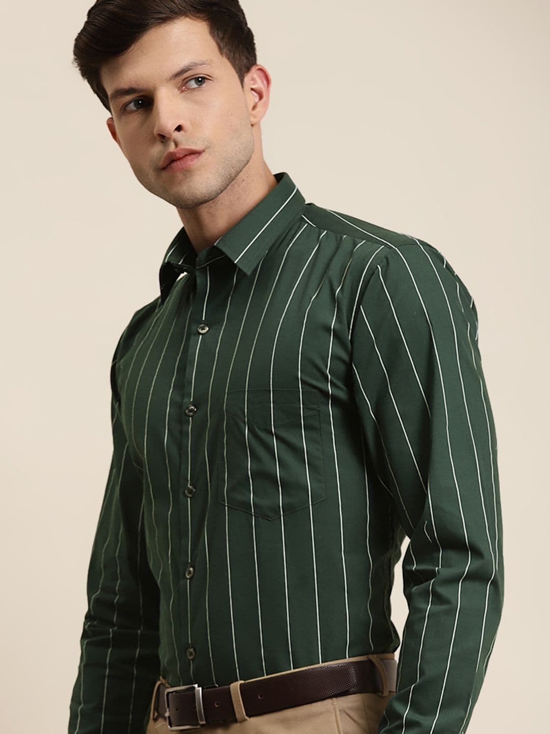 Hancock Men Green Slim Fit Opaque Striped Formal Shirt - view 1
