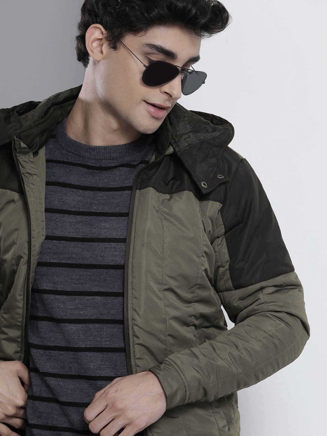 The Indian Garage Co Men Colourblock Zip-Front Slim Fit Bomber Jacket with Detachable Hood - view 1