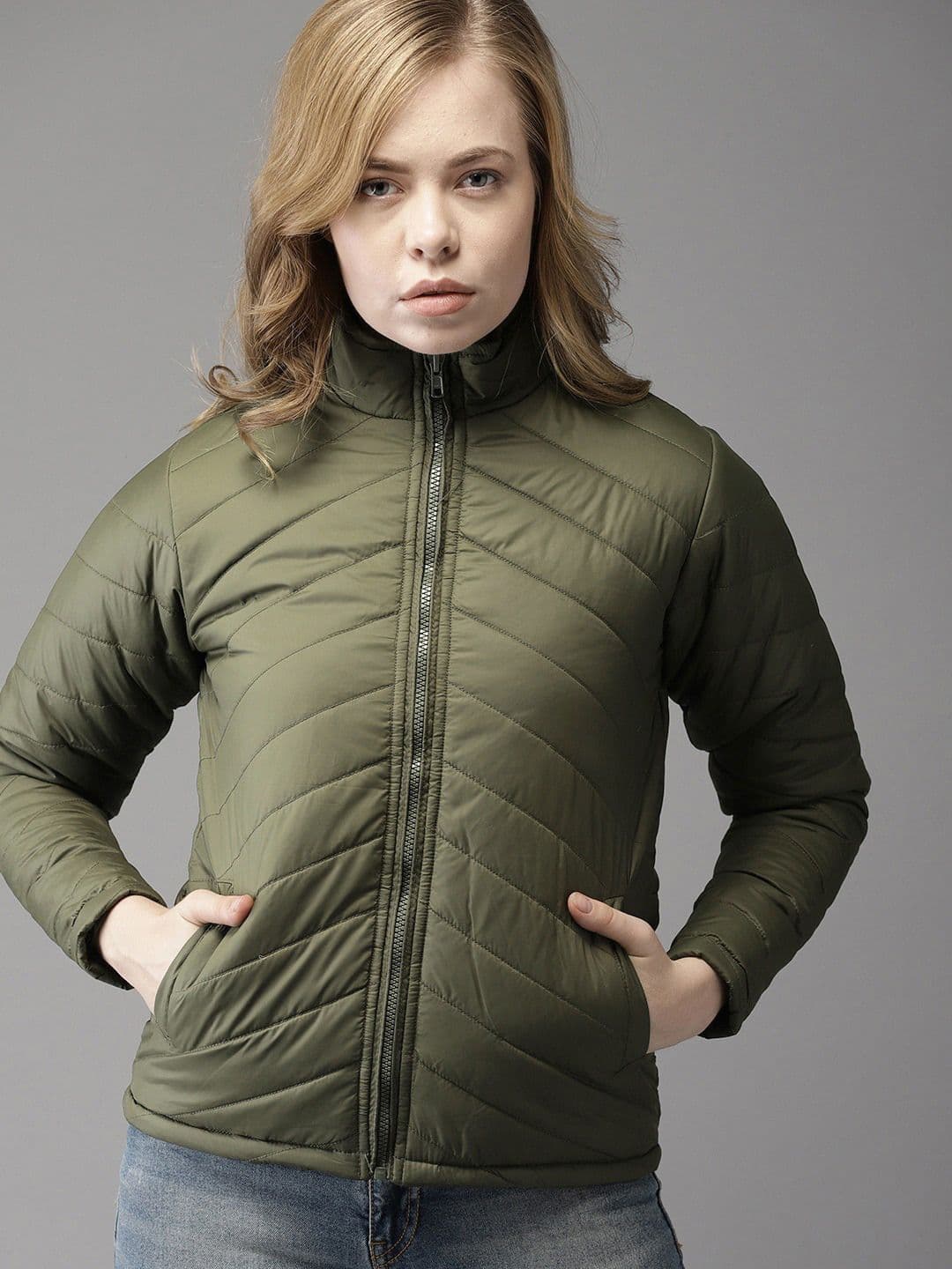 PINACOLADA Women Olive Green Striped Windcheater Outdoor Puffer Jacket - view 1