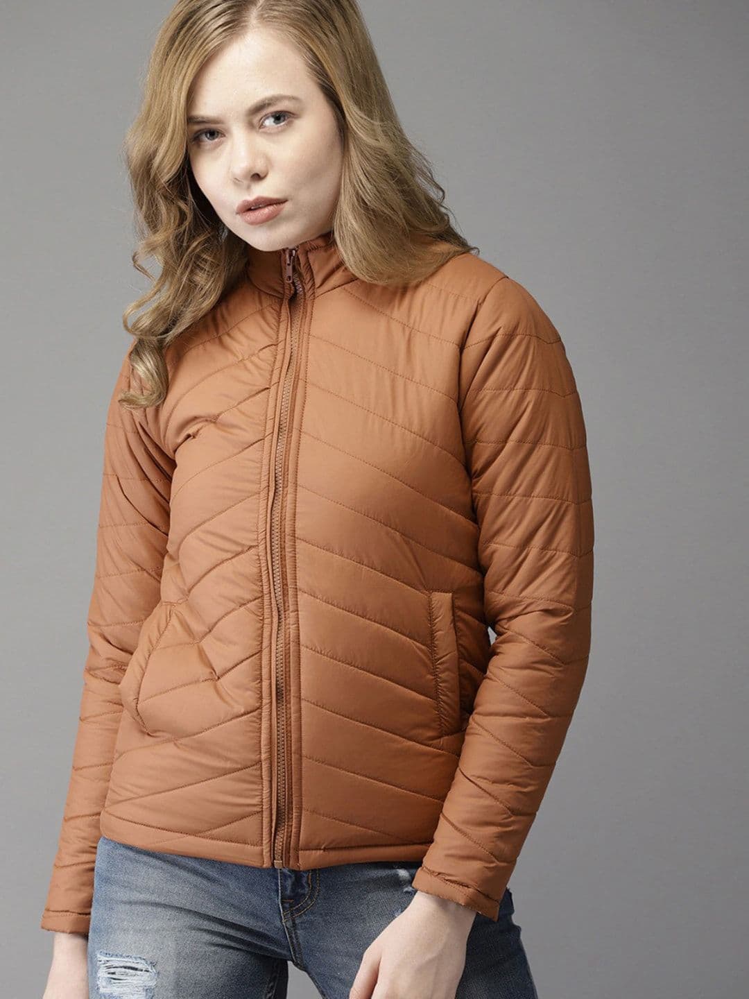 PINACOLADA Women Brown raffia Striped Windcheater Longline Outdoor Puffer Jacket - view 1