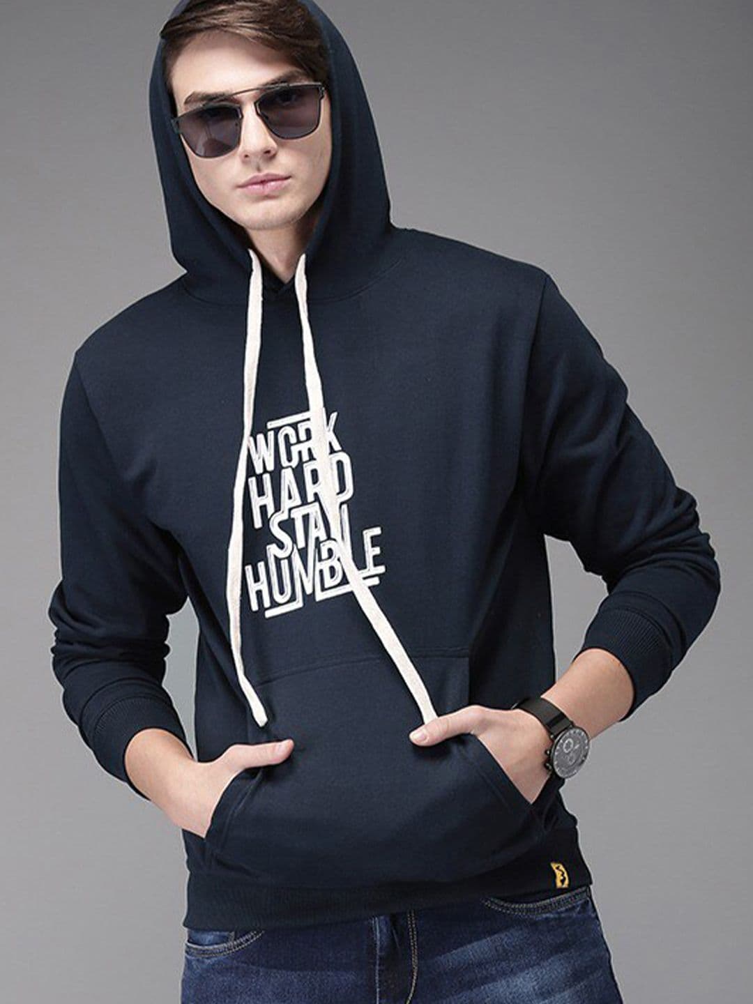 CAHOOT Men Navy Blue & White Printed Hooded Sweatshirt - view 1