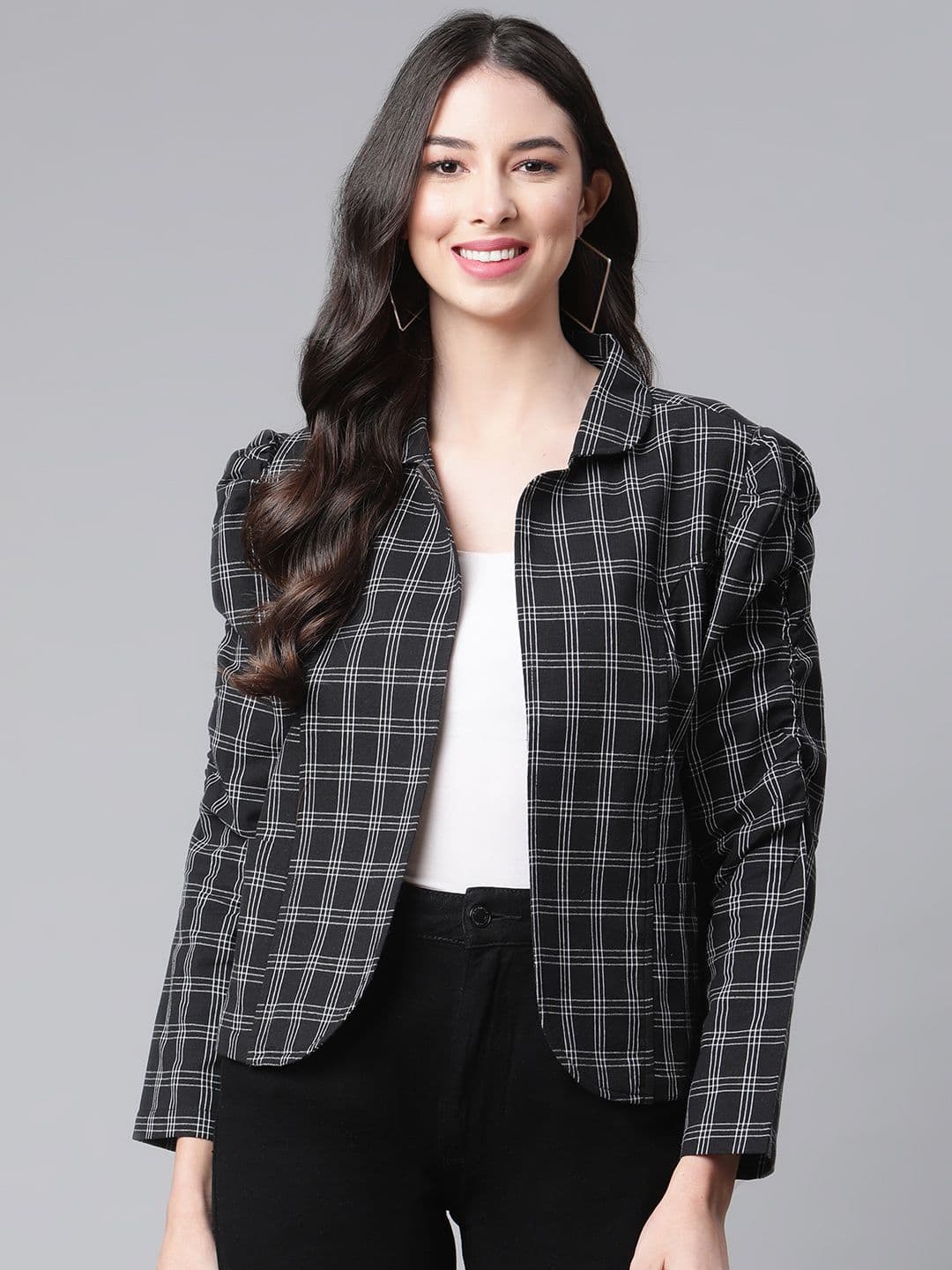 Cottinfab Women Black White Pure Cotton Checked Open Front Jacket - view 1