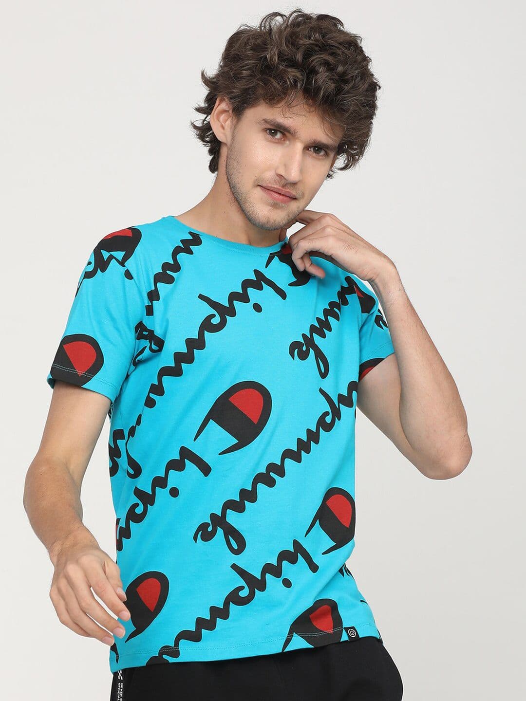 LOCOMOTIVE Men Blue & Black Printed Slim Fit Cotton T-shirt - view 1