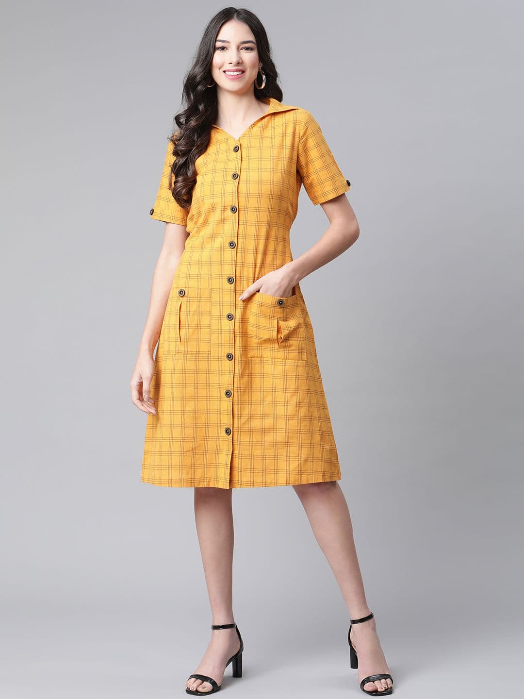 Cottinfab Women Mustard Yellow & Black Checked Shirt Dress - view 1