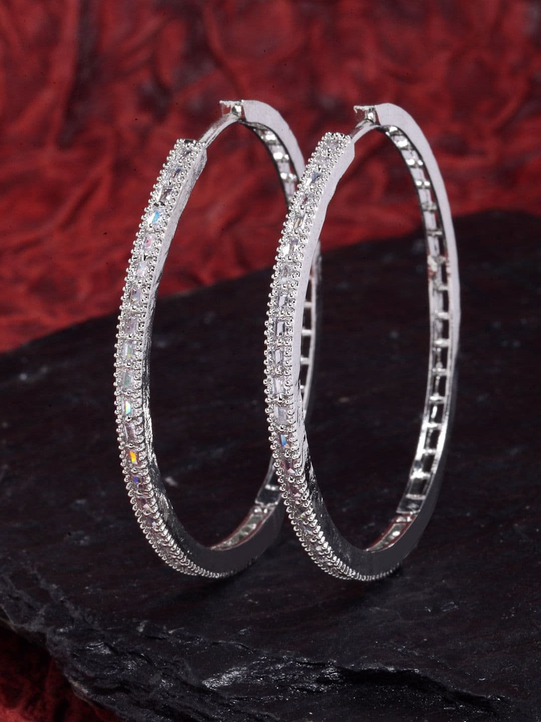 ZENEME Rhodium Plated American Diamond Circular Hoop Earrings - view 1