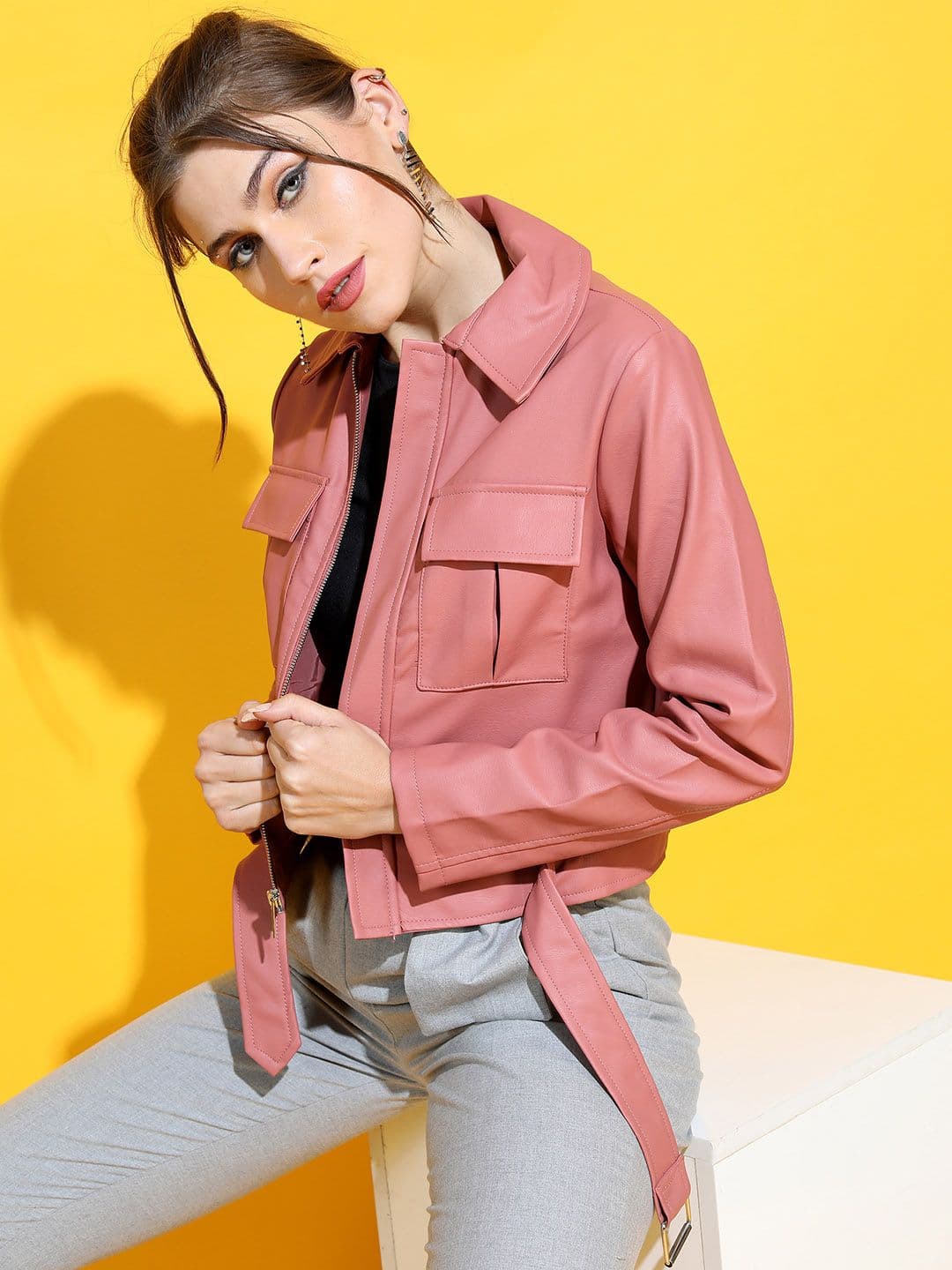 Tokyo Talkies Women Rose Leather Crop Tailored Jacket - view 1