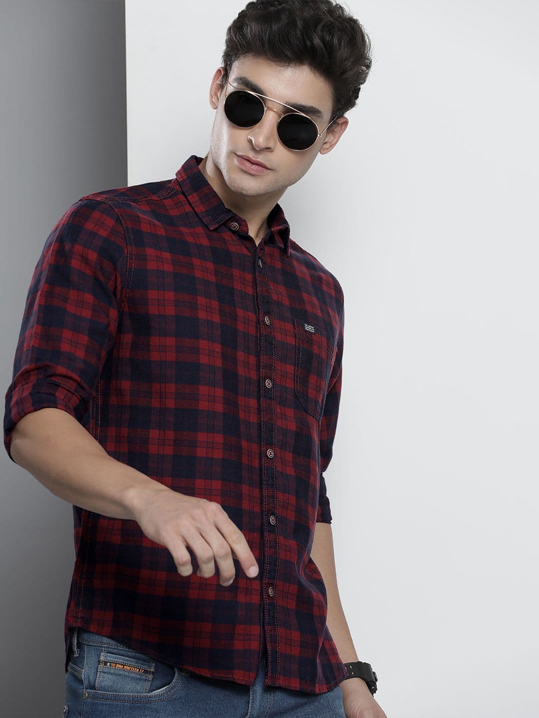 The Indian Garage Co Men Maroon & Navy Blue Checked Cotton Casual Shirt - view 1