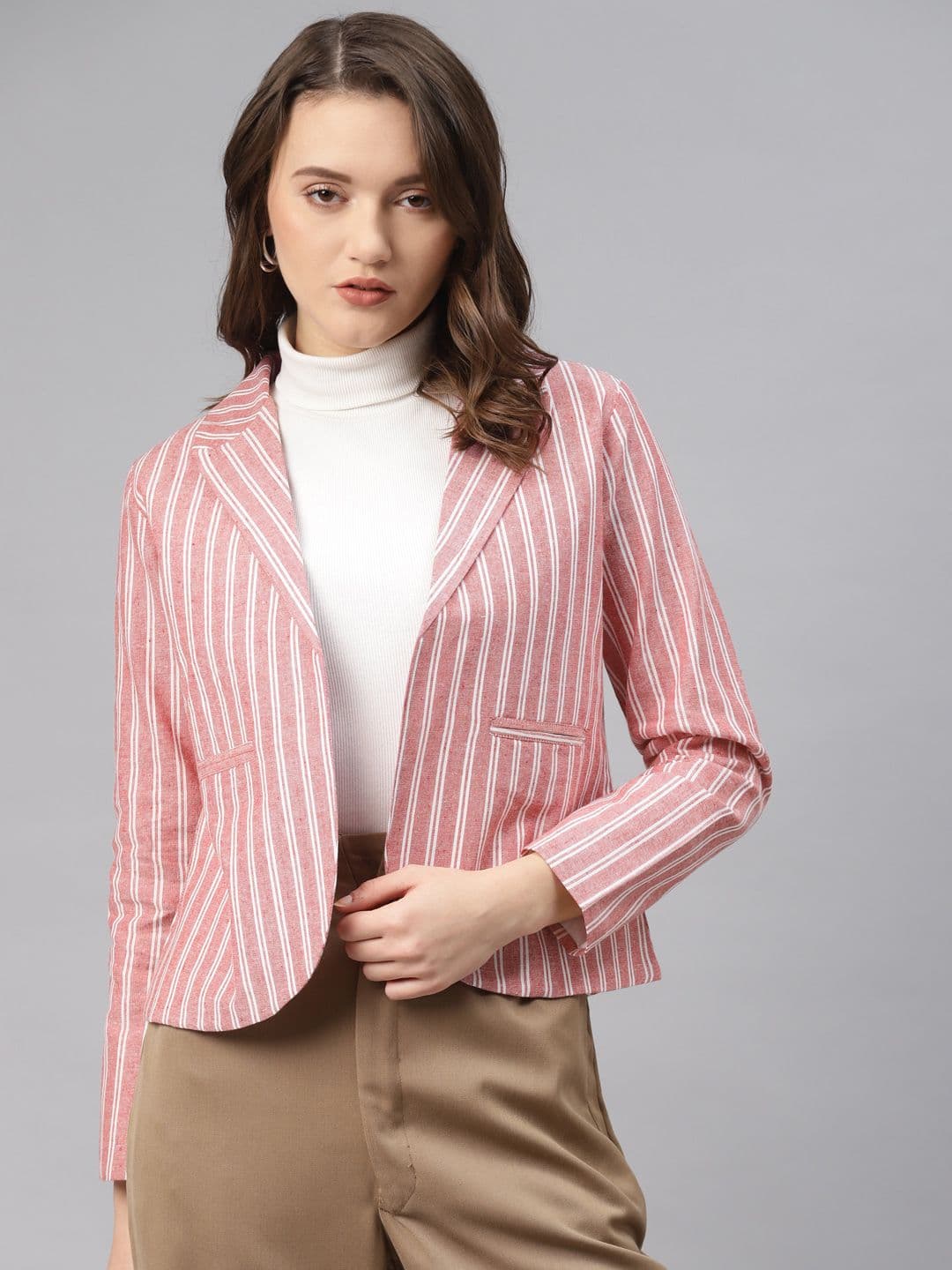 Cottinfab Women Pink & White Cotton Striped Front Open Blazer - view 1