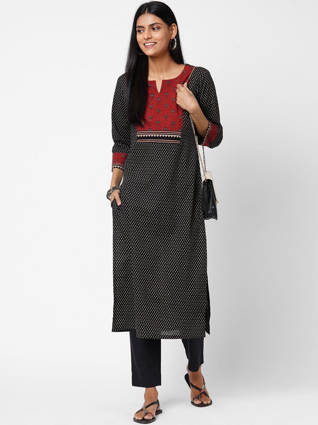 KAMI KUBI Women Black & Maroon Ajrakh Printed Mirror Work Pure Cotton Kurta - view 1