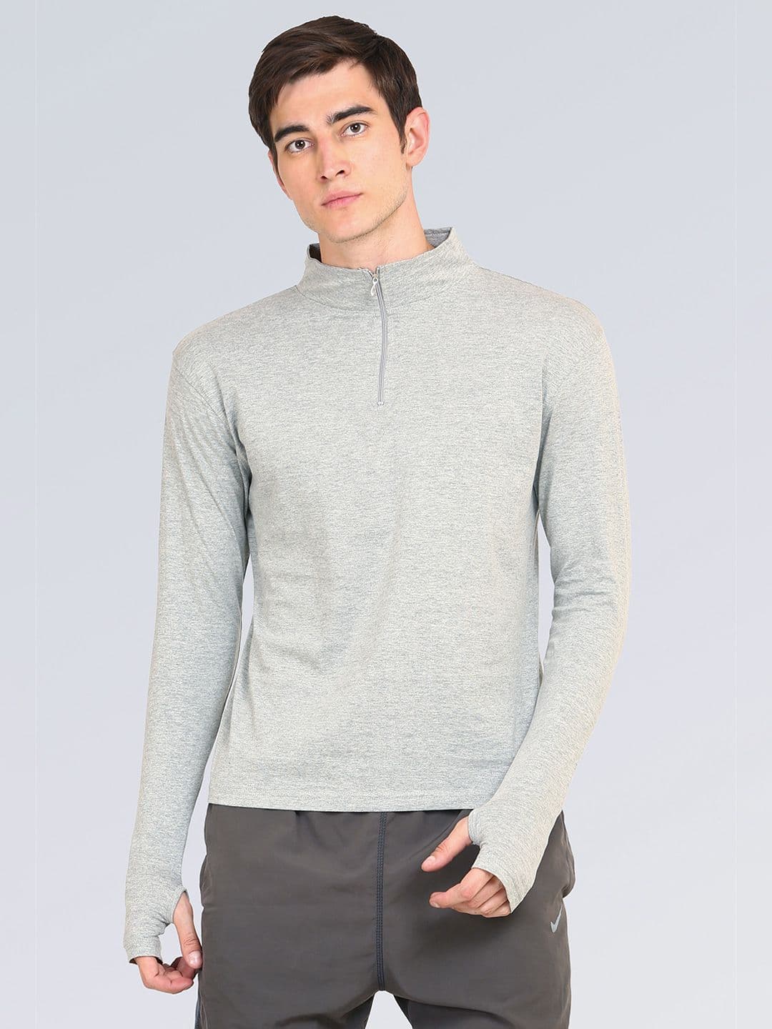appulse Men Grey Melange 1/4 Zipper High Neck Thumbopen T-Shirt - view 1