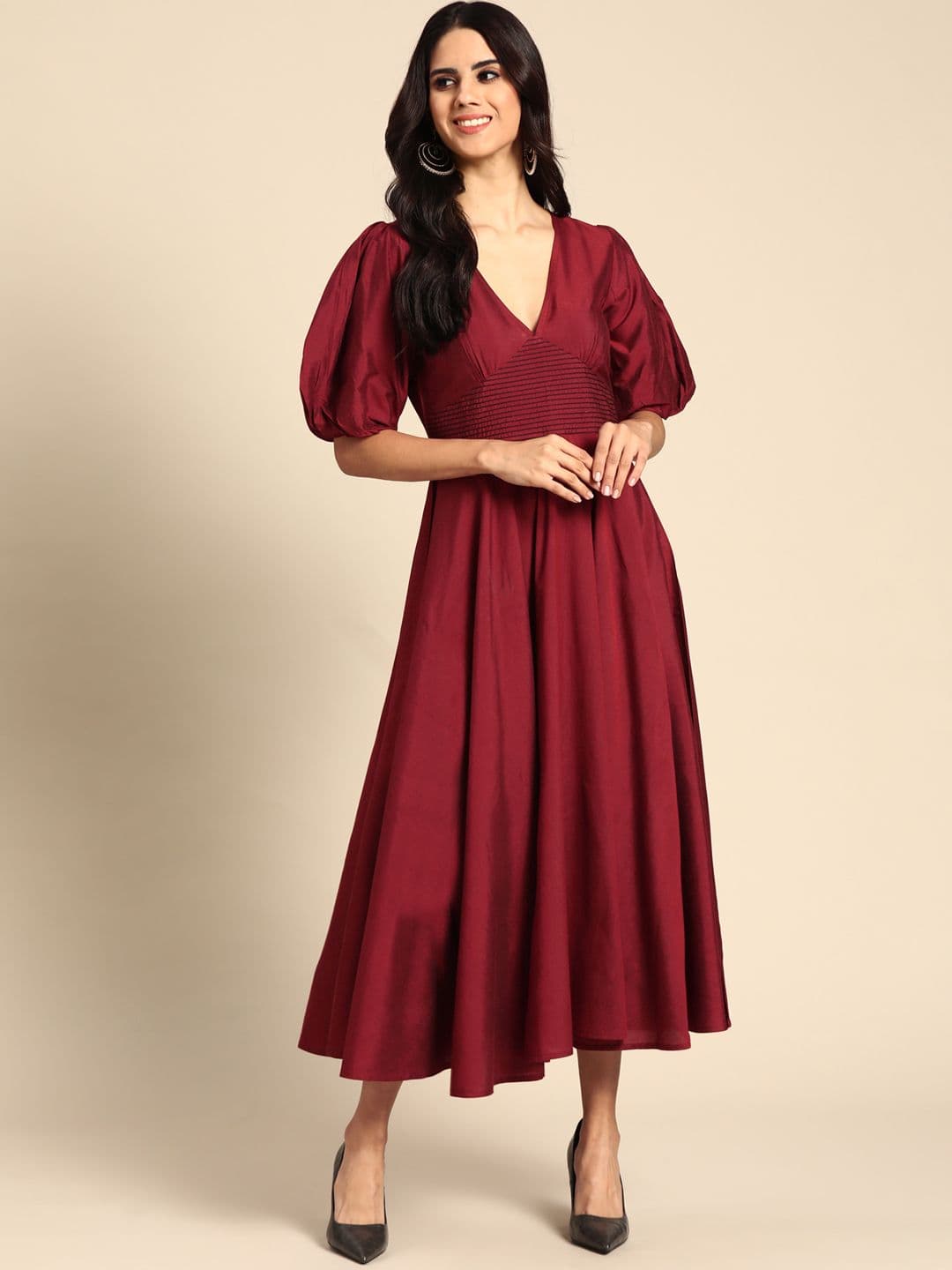 anayna Maroon Solid Balloon Sleeves Midi Dress - view 1