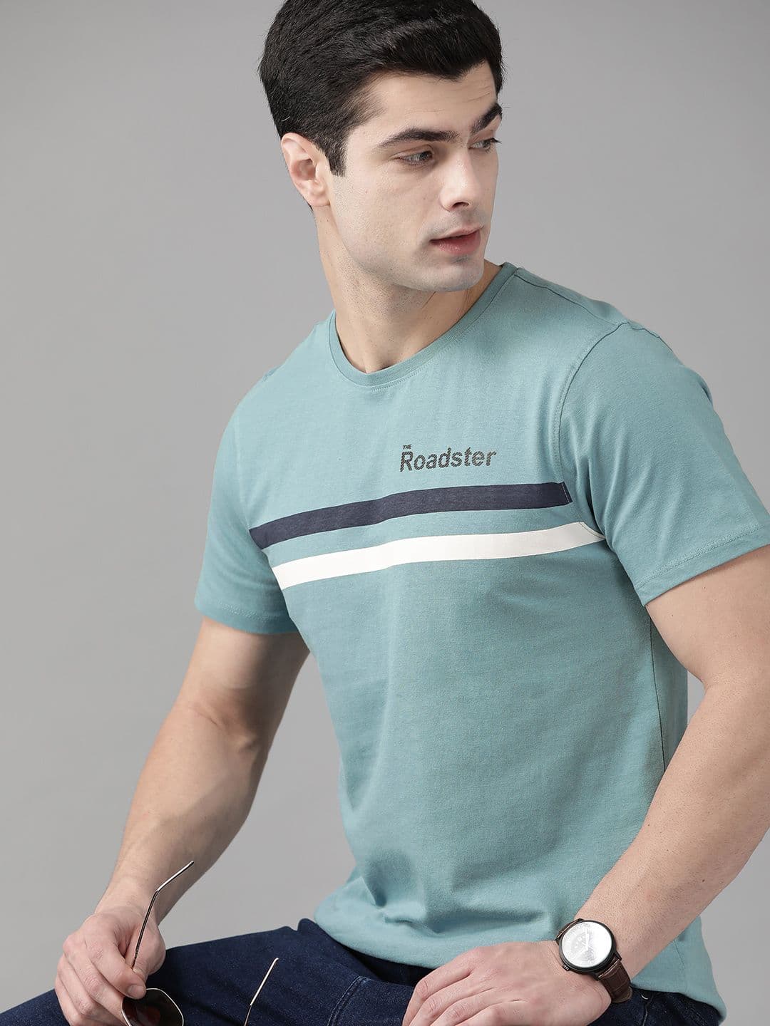 Roadster Men Blue Striped Cotton T-shirt - view 1