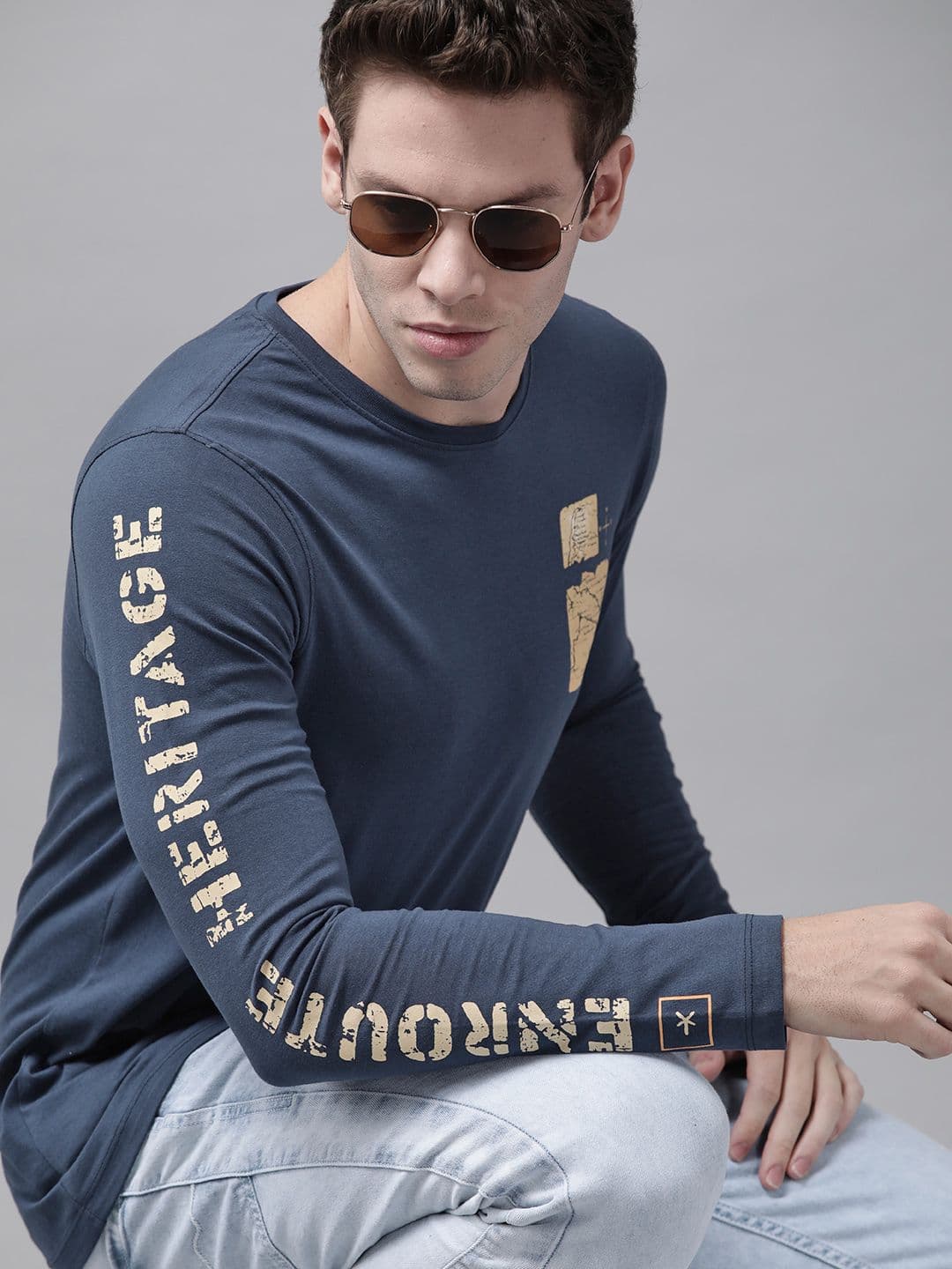 Roadster Men Navy Blue Printed Pure Cotton T-shirt - view 1