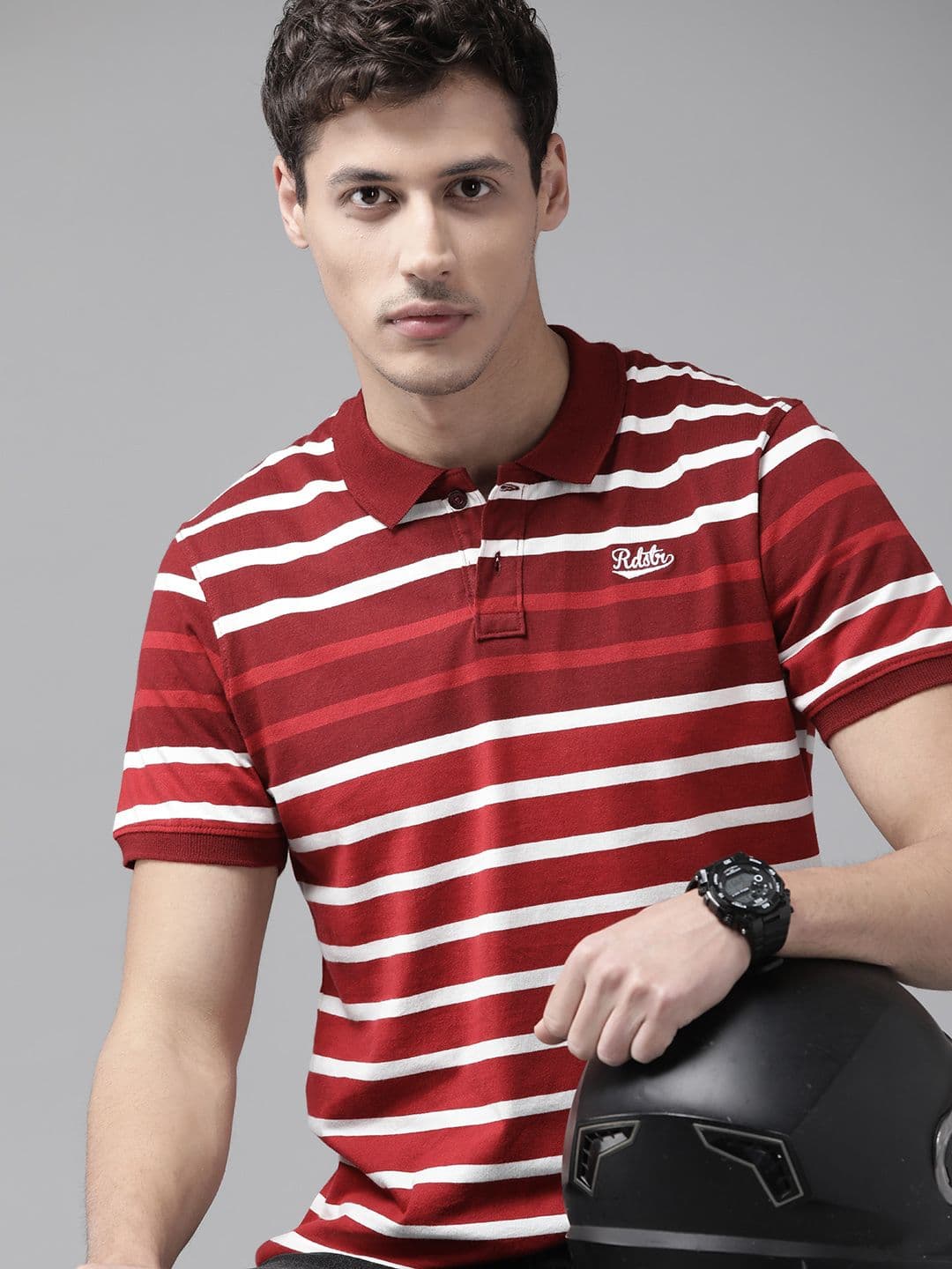 Roadster Men Maroon White Striped Polo Collar Pure Cotton T-shirt - view 1