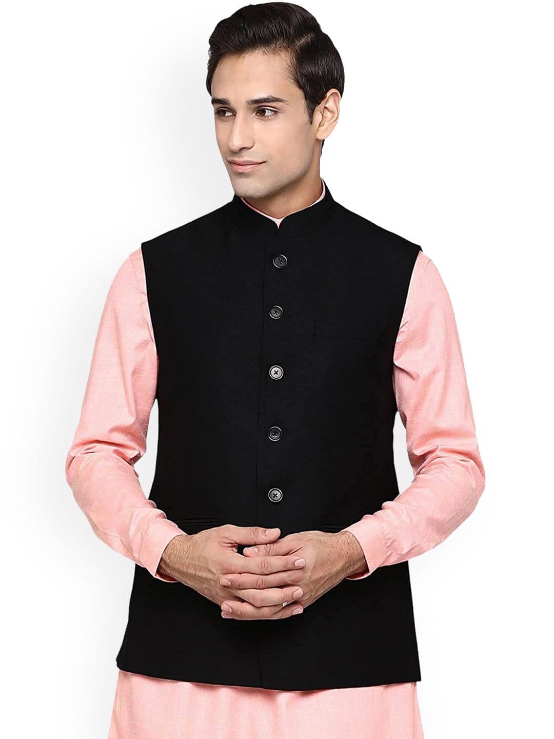 Vastraa Fusion Men Black Solid Woollen Woven Nehru Jacket - view 1