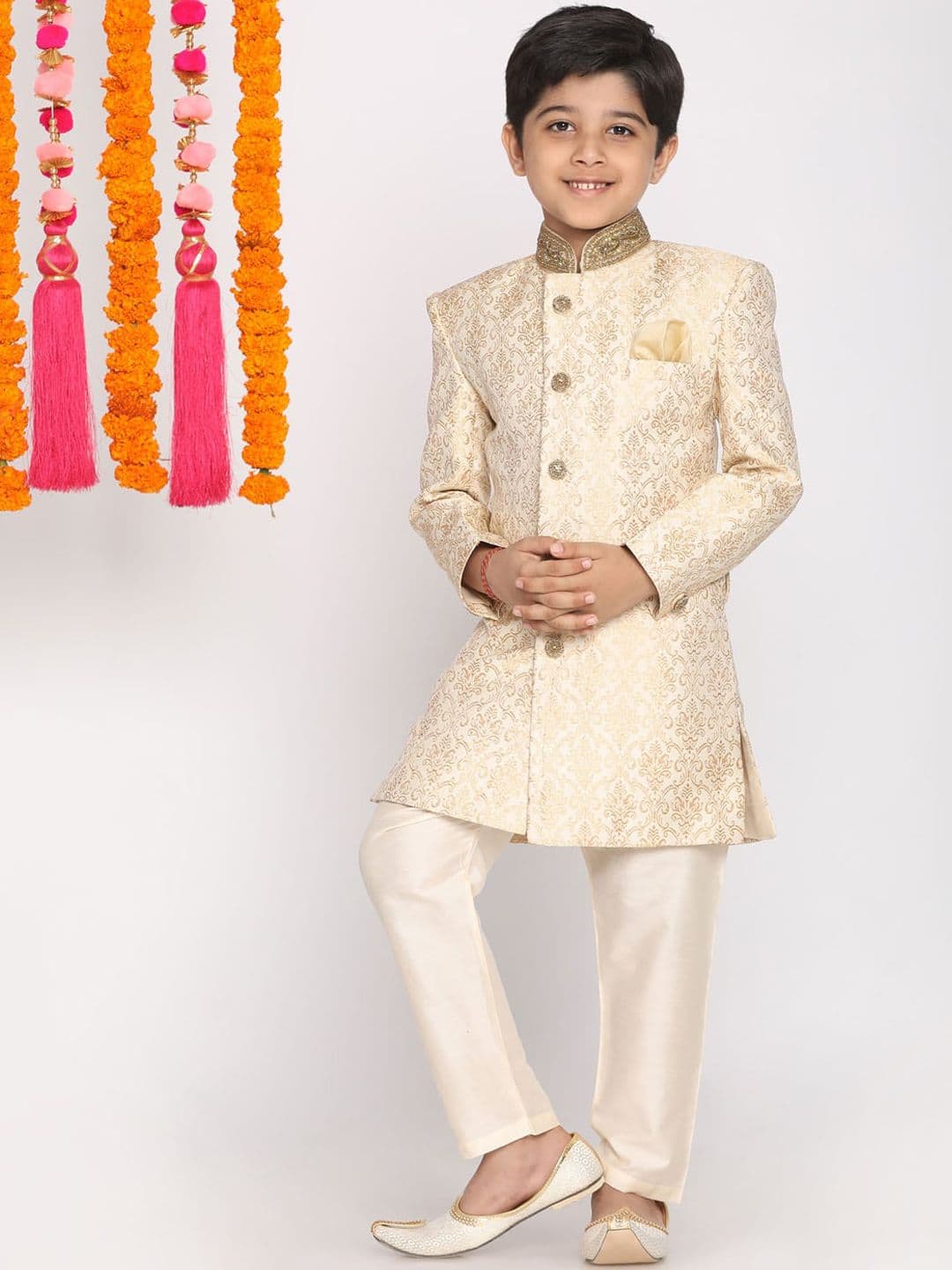 VASTRAMAY Boys Beige & Cream-Coloured Slim-Fit Sherwani Set - view 1